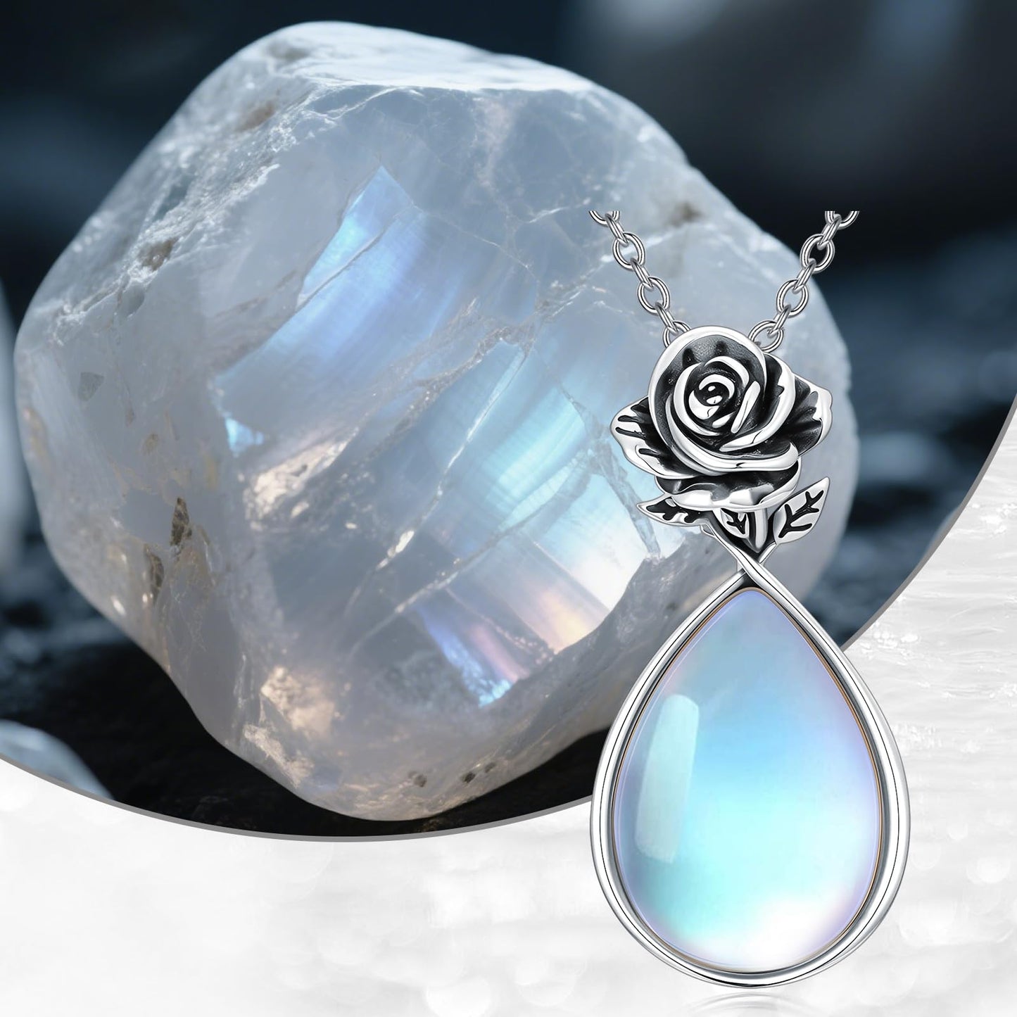 OUTANG Moonstone Necklace for Women 925 Sterling Silver Moonstone Rose Flower Pendant Ladies Floral Jewelry Gifts