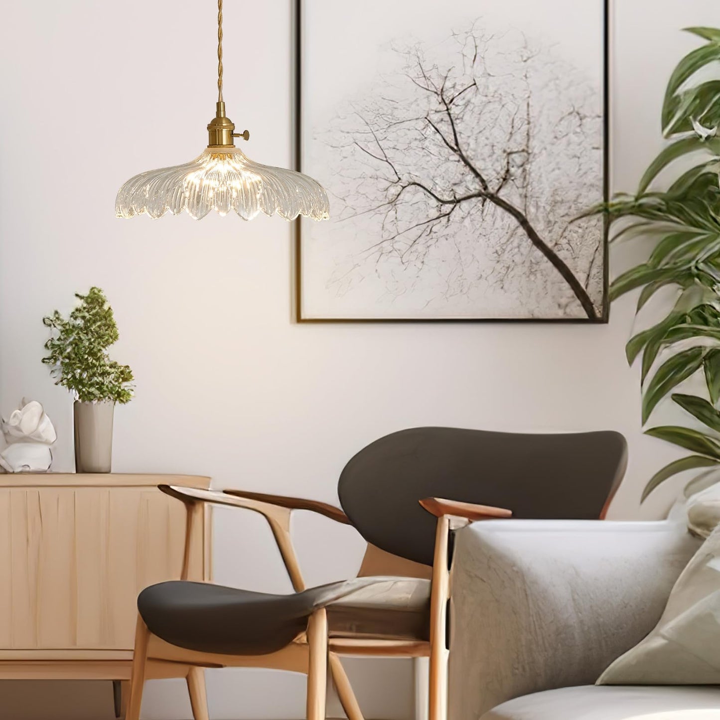 Oyisen Pendant Lights, 11.8 Inch Hanging Lamp Adjustable 6.5Ft Cord Hanging Lamp Clear Flower Glass Shade Pendant Light Fixture Hanging Pendant Lights for Bedroom