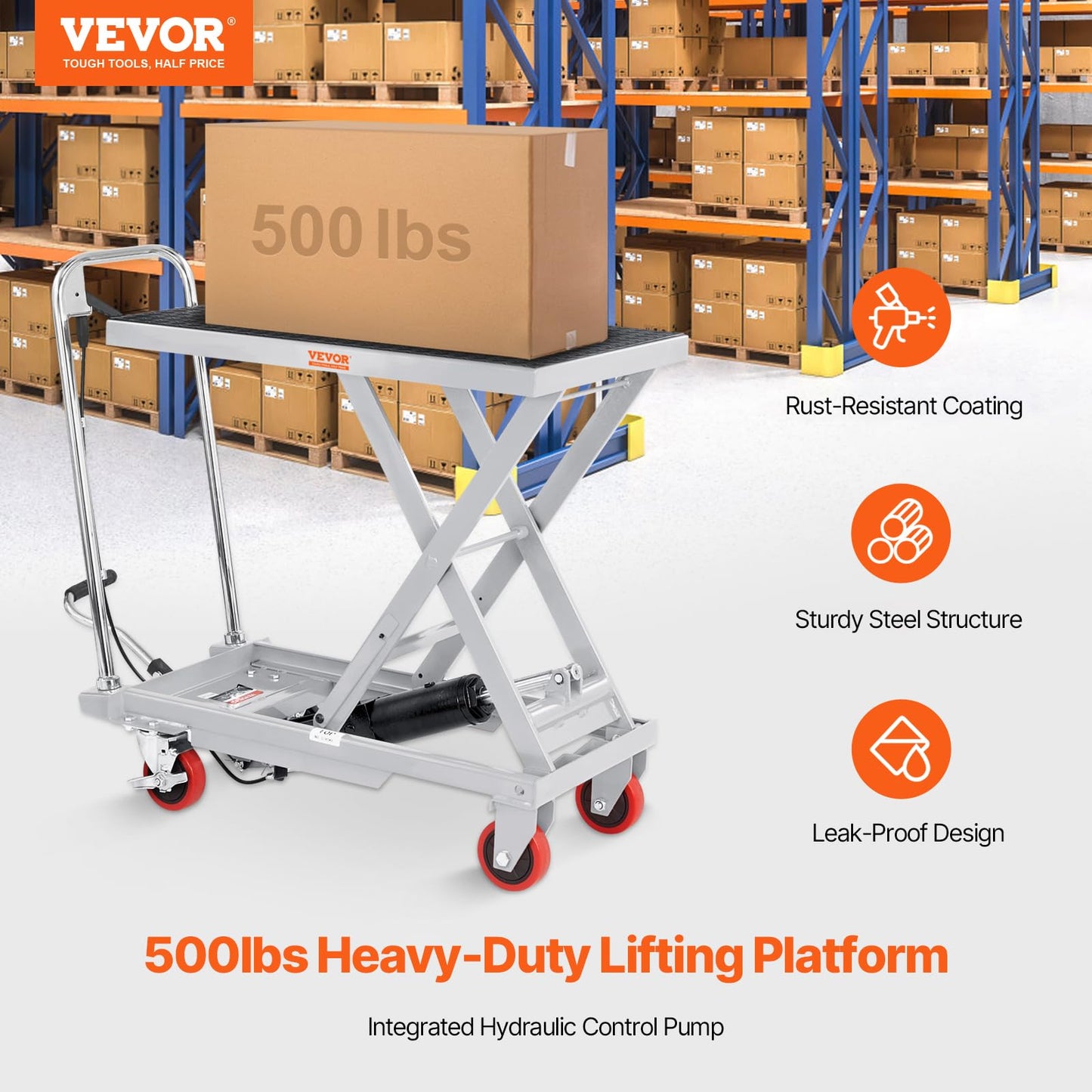 VEVOR Hydraulic Lift Table Cart, 500lbs Load Capacity 28.5 Inch Lifting Height, Manual Single Scissor Lift Table with 4 Wheels and Non-Slip Pad, Alloy Steel, Gray