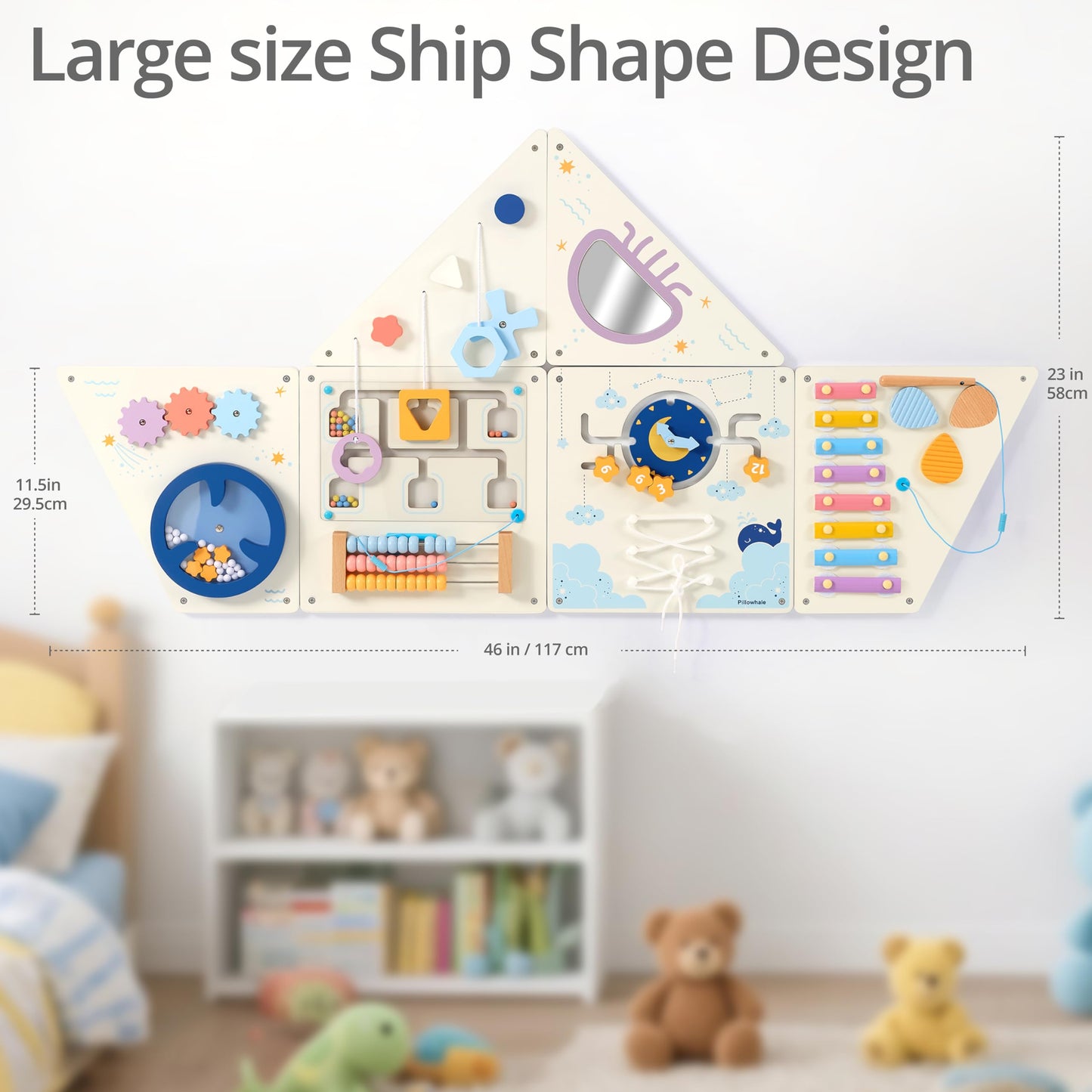 Pillowhale Tangram Activity Wall Busy Board Panels, 12-in-1 Learning Activity Center, Wooden Montessori Sensory Toys for Toddler Playroom, Nursery, Daycare, Classroom, Dentist Waiting Room