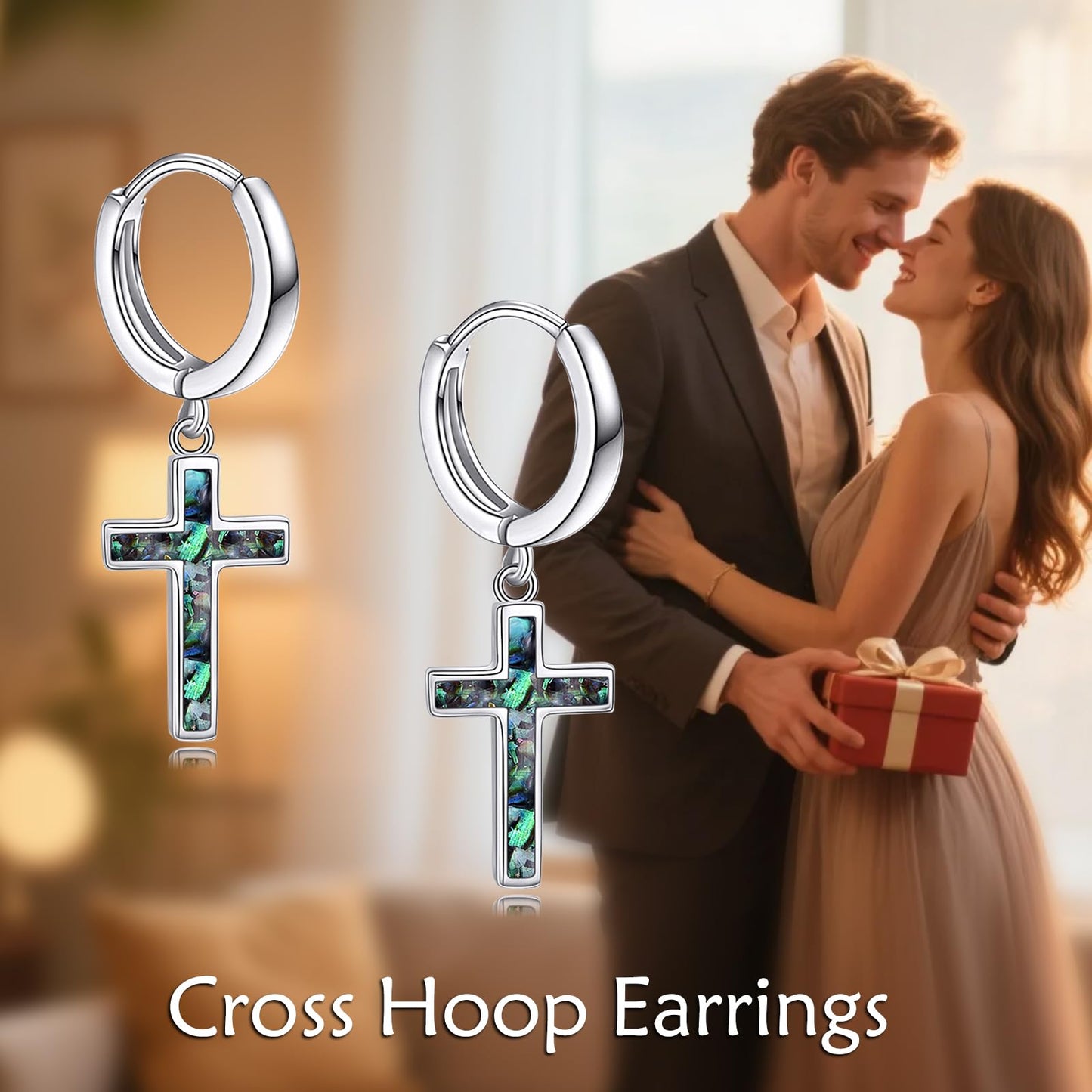 925 Sterling Silver Cross Hoop Earrings Abalone Dangle Drop Earrings Huggie Jewelry Birthday Gifts for Women Men (Abalone Cross)