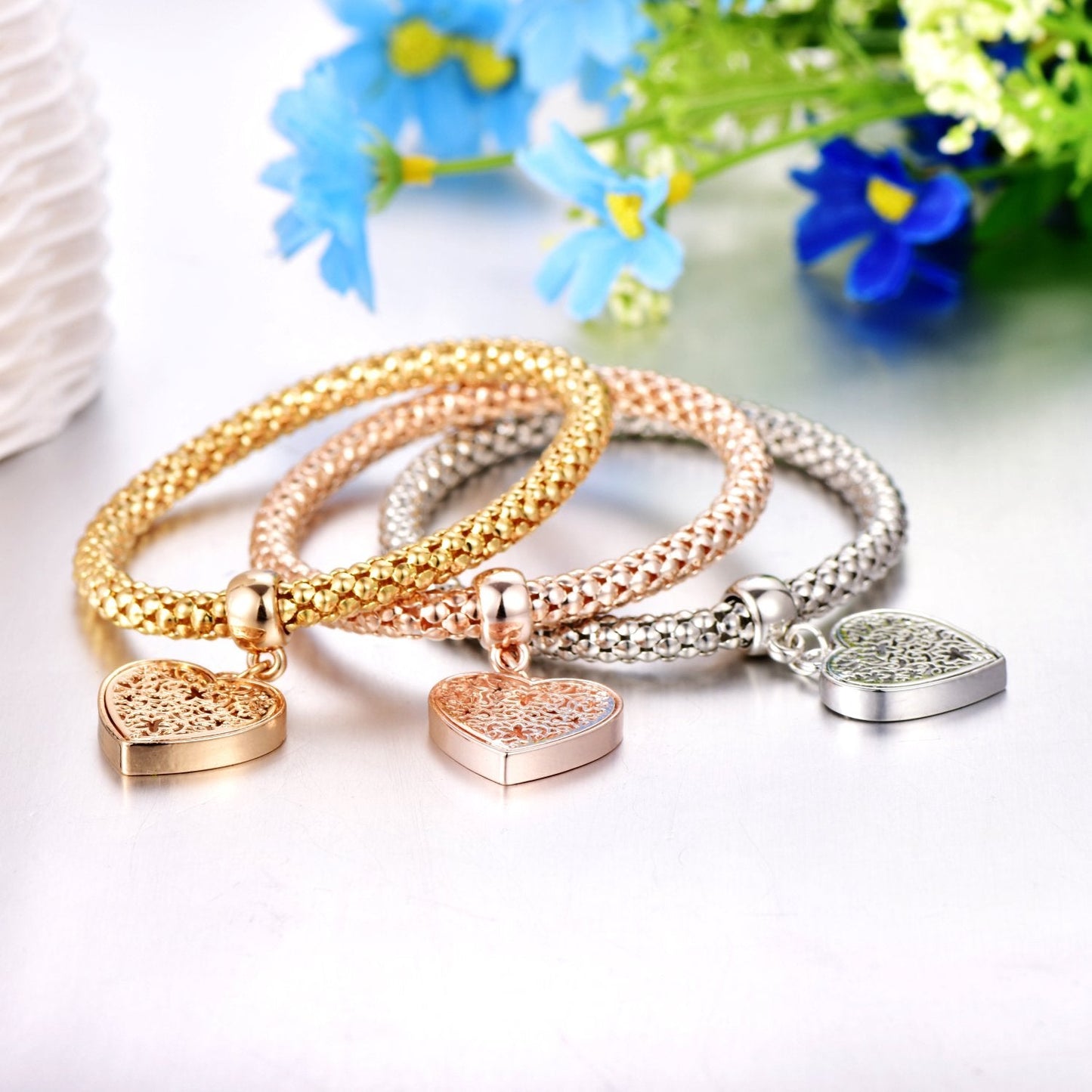 SILANER Crystal Charms Multilayer Bracelets - 3PCS Gold/Silver/Rose Gold Corn Chain Bracelet for Women, Tree of Life Heart Shaped Stretch Bracelet (Heart Charm Bracelets)