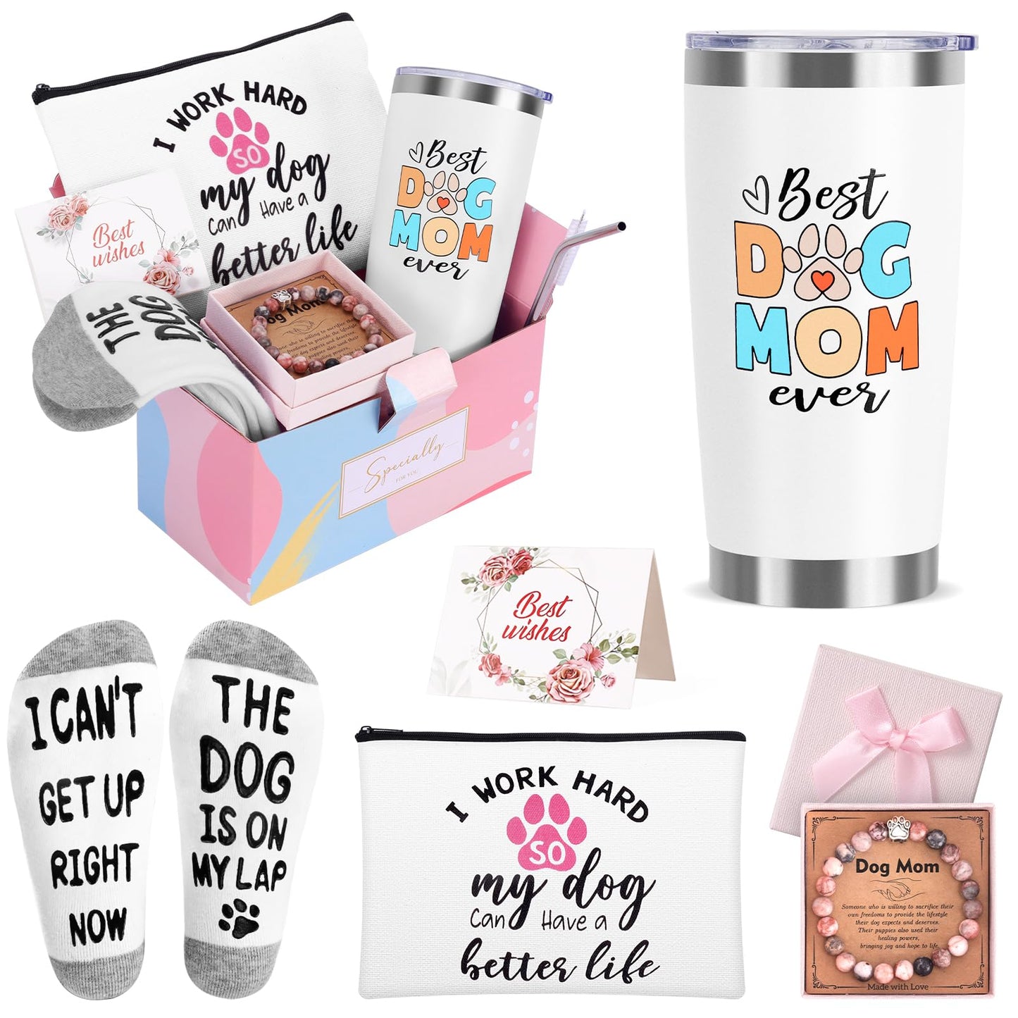Dog Mom Dog Lover Gifts for Women, 20oz Wine Tumbler Set with Makeup Bag & Natural Stone Paw Bracelets & Socks for Women - Perfect for Birthdays, Mothers Day & Christmas