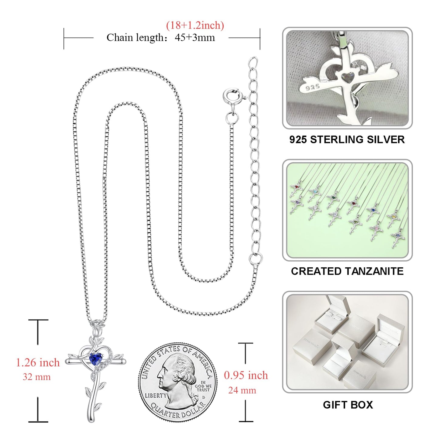 STARCHENIE Rose Cross Necklace 925 Sterling Silver Heart Crucifix Pendant Created Tanzanite Jewelry for Women