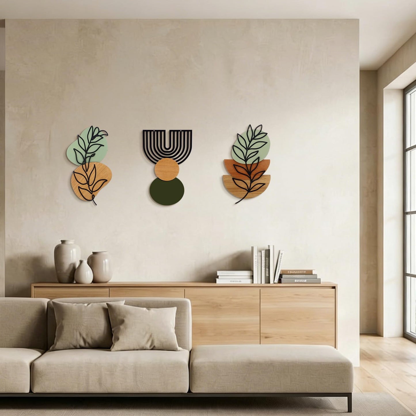 Wenqik Set of 3 Boho Wall Art Decor 3D Wood & Metal Abstract Geometric Wall Hangings Sculpture 15 x 6in Sage Green Beige Terracotta Minimalist Botanical Artwork for Home Decor Gallery Room