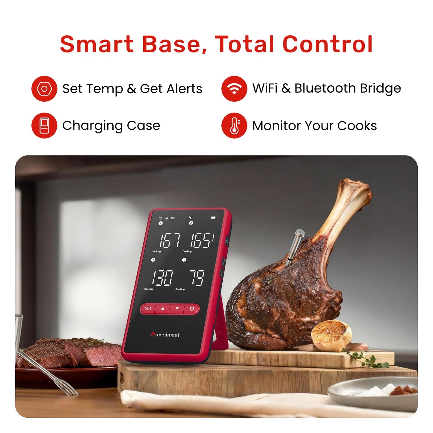 Meatmeet Z Pro Wireless Bluetooth Meat Thermometer, Standalone Base, WiFi Unlimited Range, 1080 Heat Resistance, ยฑ 0.18ยฐF Accuracy, 1 Probe with 6 Sensors for Kitchen, BBQ, Grill, Oven, Smoker
