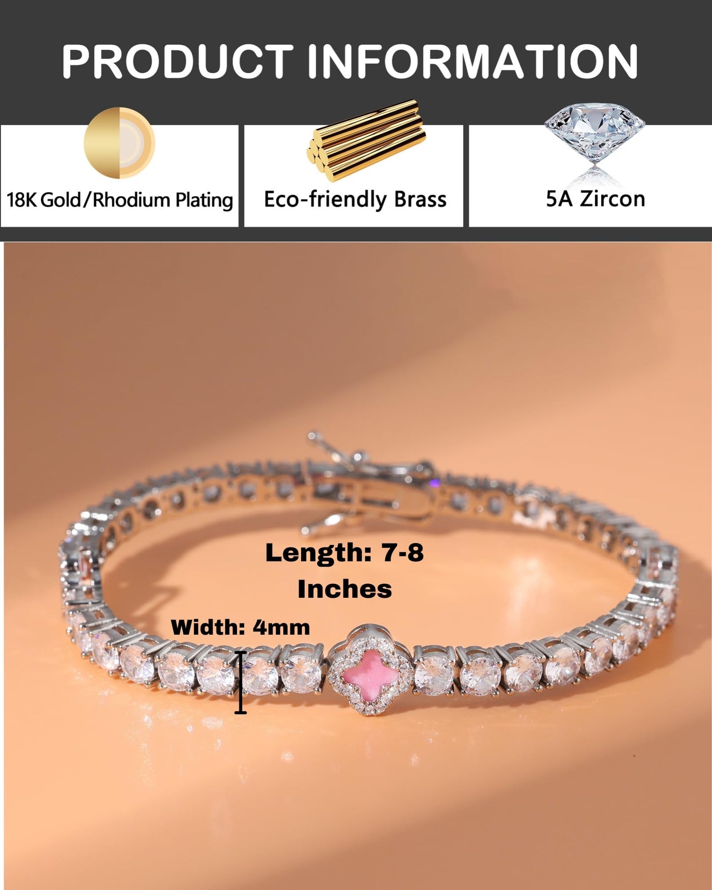 LuxeFlex 4mm Iced Out Clover Tennis Bracelet, White Gold Plated with 5A Zircon Stones, Handmade exquisite Hip Hop Jewelry, Perfect Unisex Gift (White Gold-Pink,7)