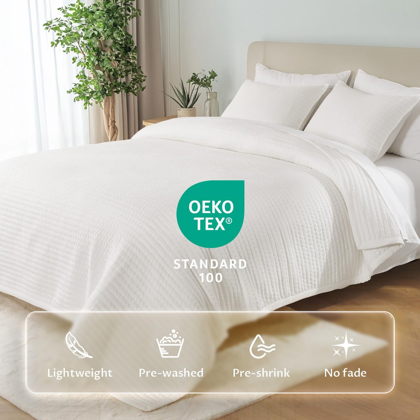 KASENTEX Oversized Queen Quilt Set 102"x106" – Soft Washed 3-Layer Lightweight Bedspread, Minimalist Nordic Design, All-Season Spring & Summer Quilt Set (1 Quilt + 2 Pillow Shams),Cream White