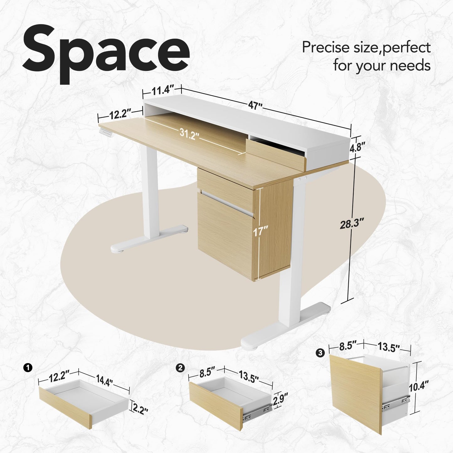 HUANUO Electric Standing Desk with File Cabinet, 47 Inch Height Adjustable Desk with Storage Drawers, Ergonomic Stand Up Table Compatible with Monitor Stand, Light Walnut
