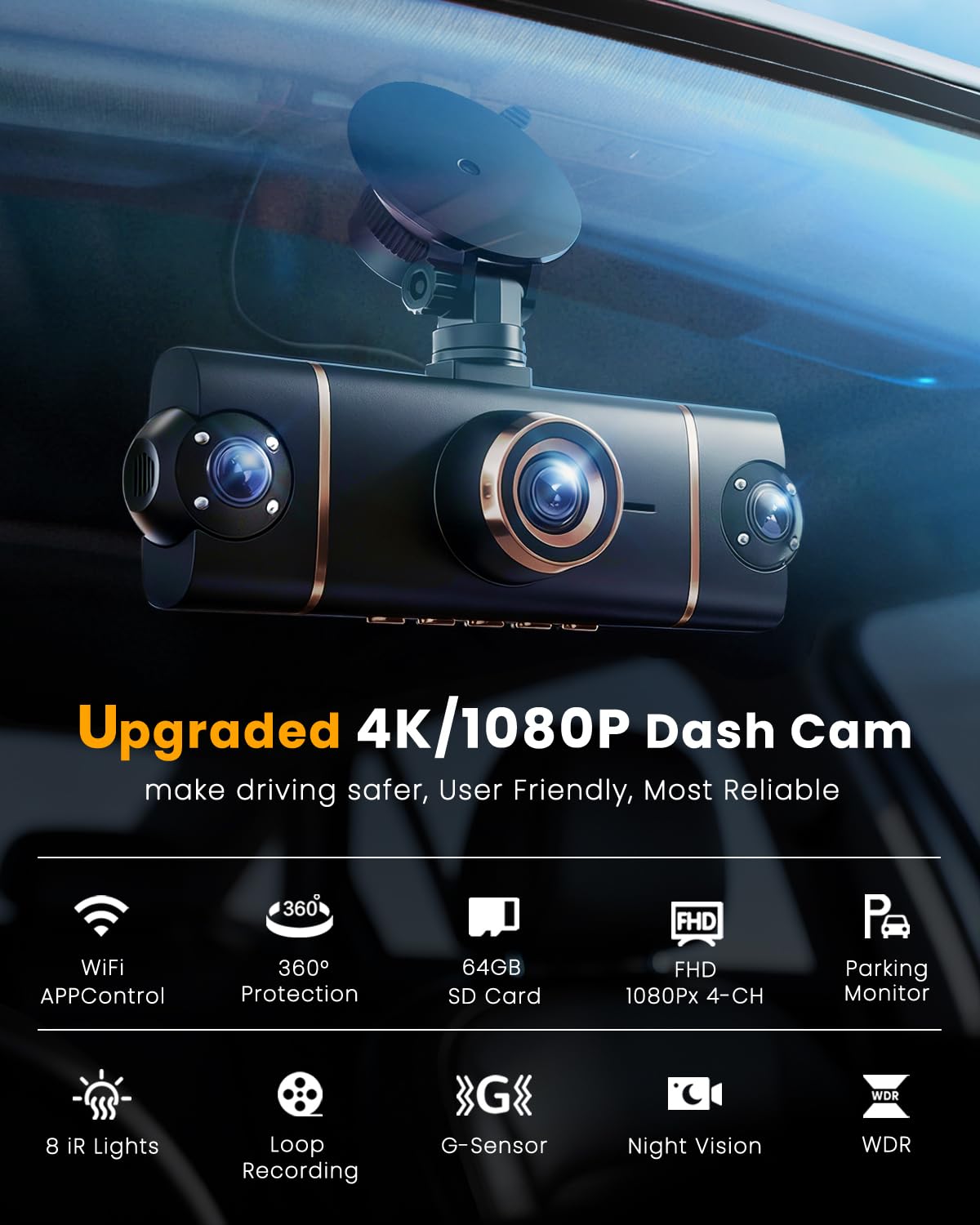 4 Channel 360ยฐ Dash Cam Front Rear Inside & Left Right,4K+1080P*3 FHD Car Camera,5GHz WiFi & App Control,8 IR Lamps Night Vision,24H Parking Mode,G-Sensor,Loop Recording,Includes 64GB SD Card๏ผBlack๏ผ