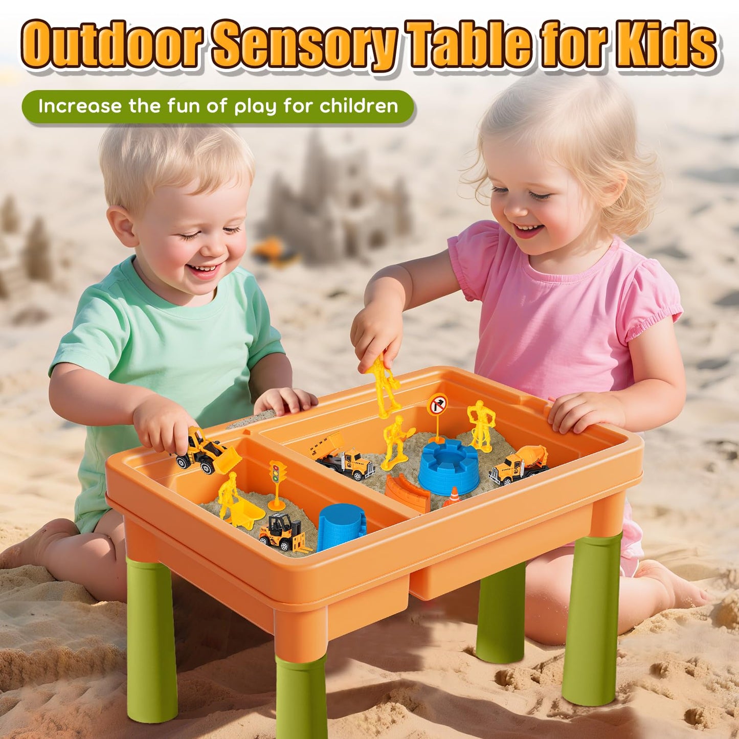 Lehoo Castle Sensory Table with Sensory Sand, Indoor Sensory Bin with Lid & 2.6lbs Play Sand, Construction Kit with 6 Alloy Trucks & Castle Molds, Sensory Toys for Toddler Boys and Girls
