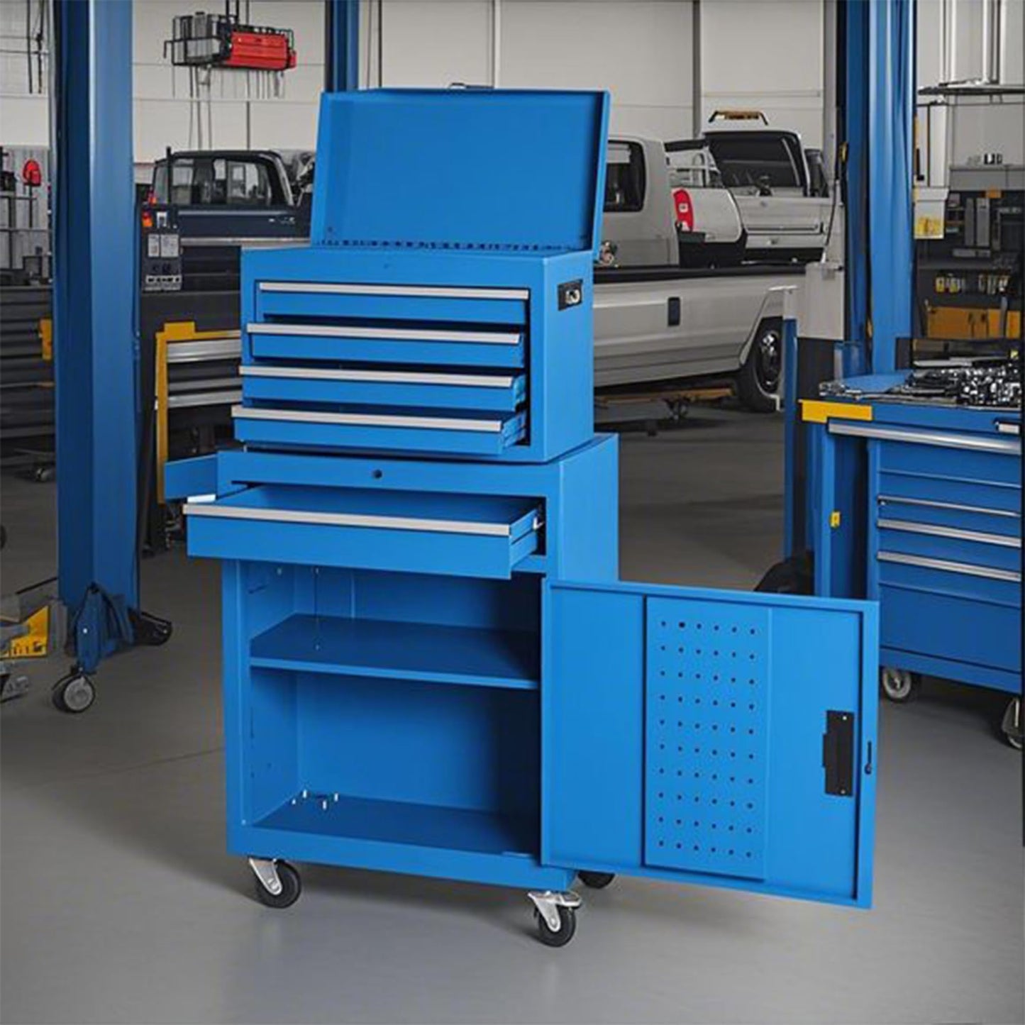 Fsazub 5 Drawers Tool Cart with Wheels & 1 Cabinet,Detachable Portable Top Box,Lock Rolling Tool Chest Trolley Organizer Set,Multifunctional Tool Box w/Storage Lockers for Garage & Workshop (Blue)