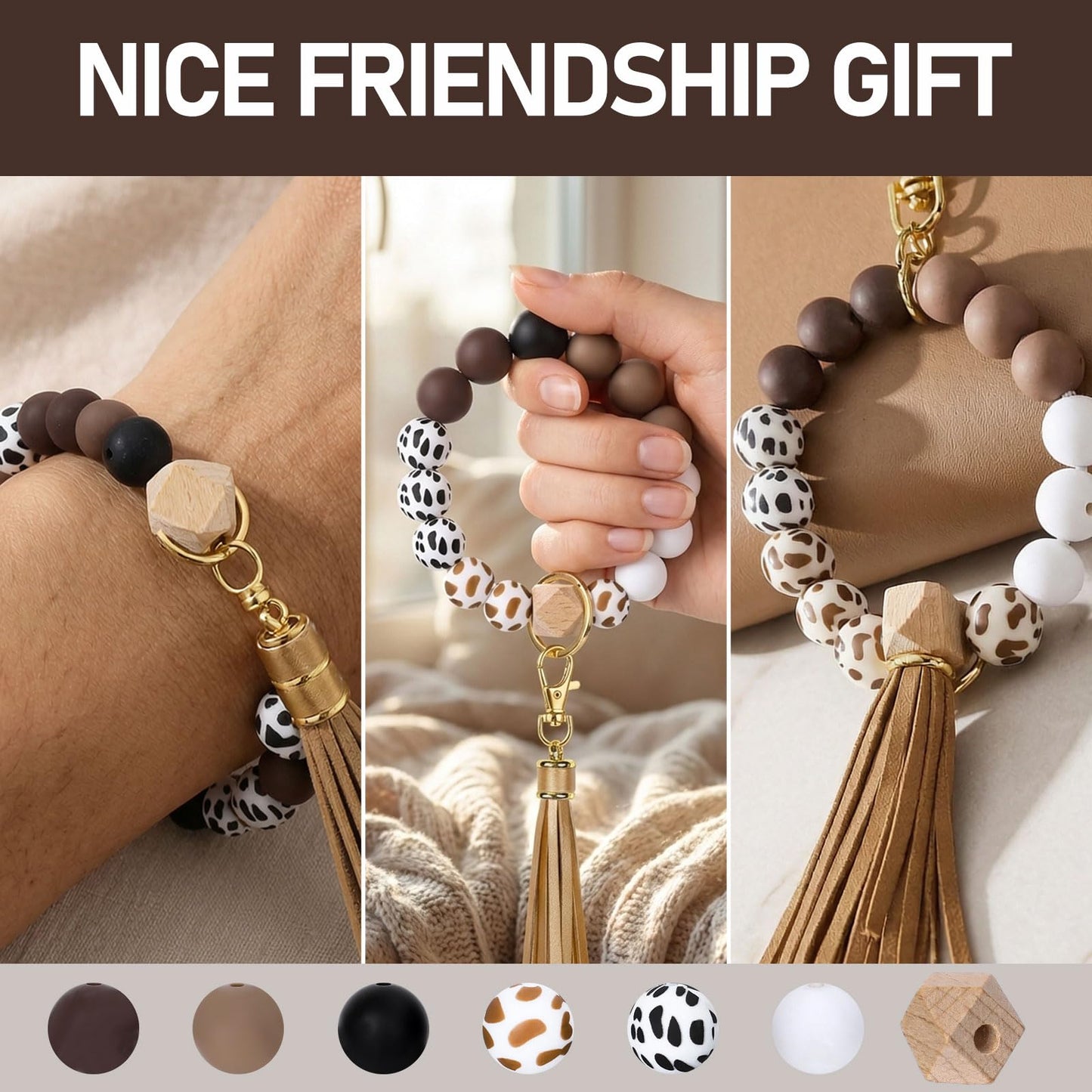 JarThenaAMCS 100Pcs Cow Print Silicone Beads Assorted Brown Black White Round Spacer Beads Keychain Making Kit with Elastic Rope Wood Key Rings and Tassels for DIY Crafts Jewelry Bracelet Pen