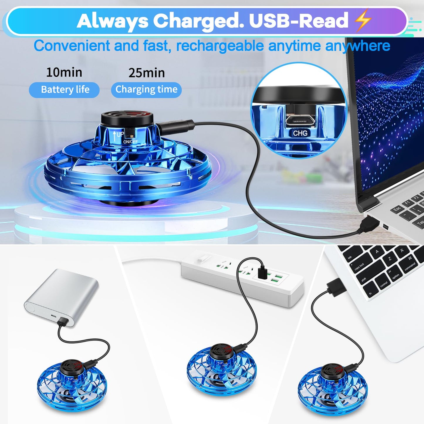 Vantexi Drone for Kids Flying Toys, 2026 Upgrade LED Fidget Spinner, Hand Operated Fidget Flying Spinner Toy for Indoor Outdoor, Christmas Birthday Gifts for 6 7 8 9 + Year Old Boys Girls (Blue, ABS)