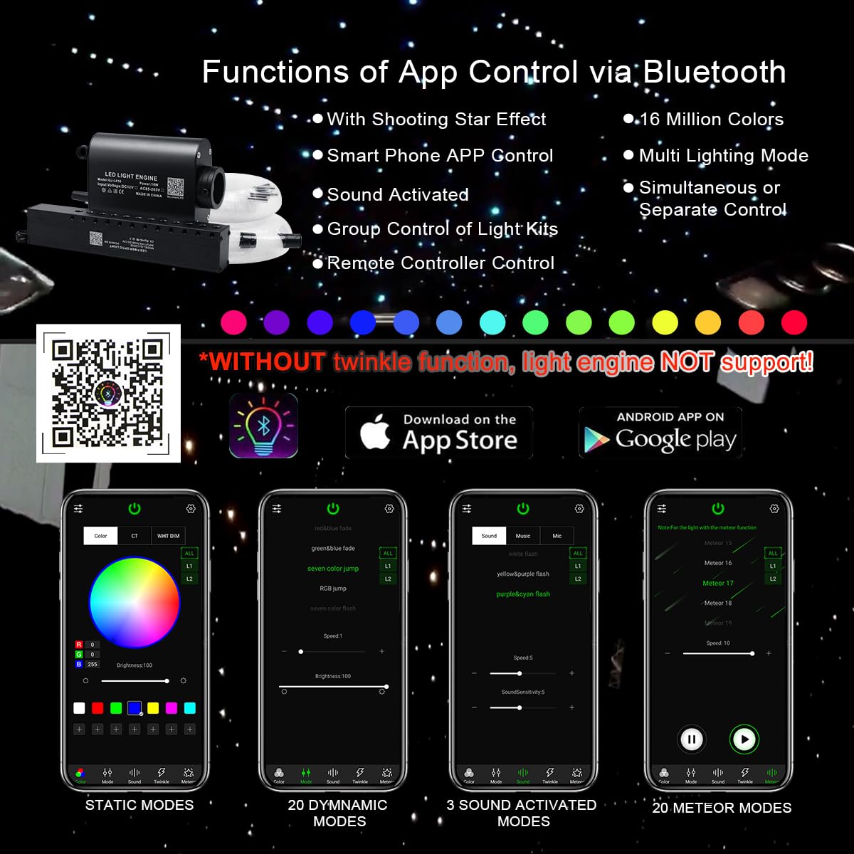 AKEPO 16W 550pcs 13.1ft/4m 0.03in Fiber Optic Starlights Headliner Kit with Meteor, Shooting Star Car Home Use APP/Remote Control Music Sync Fiber Optic Lights Kit