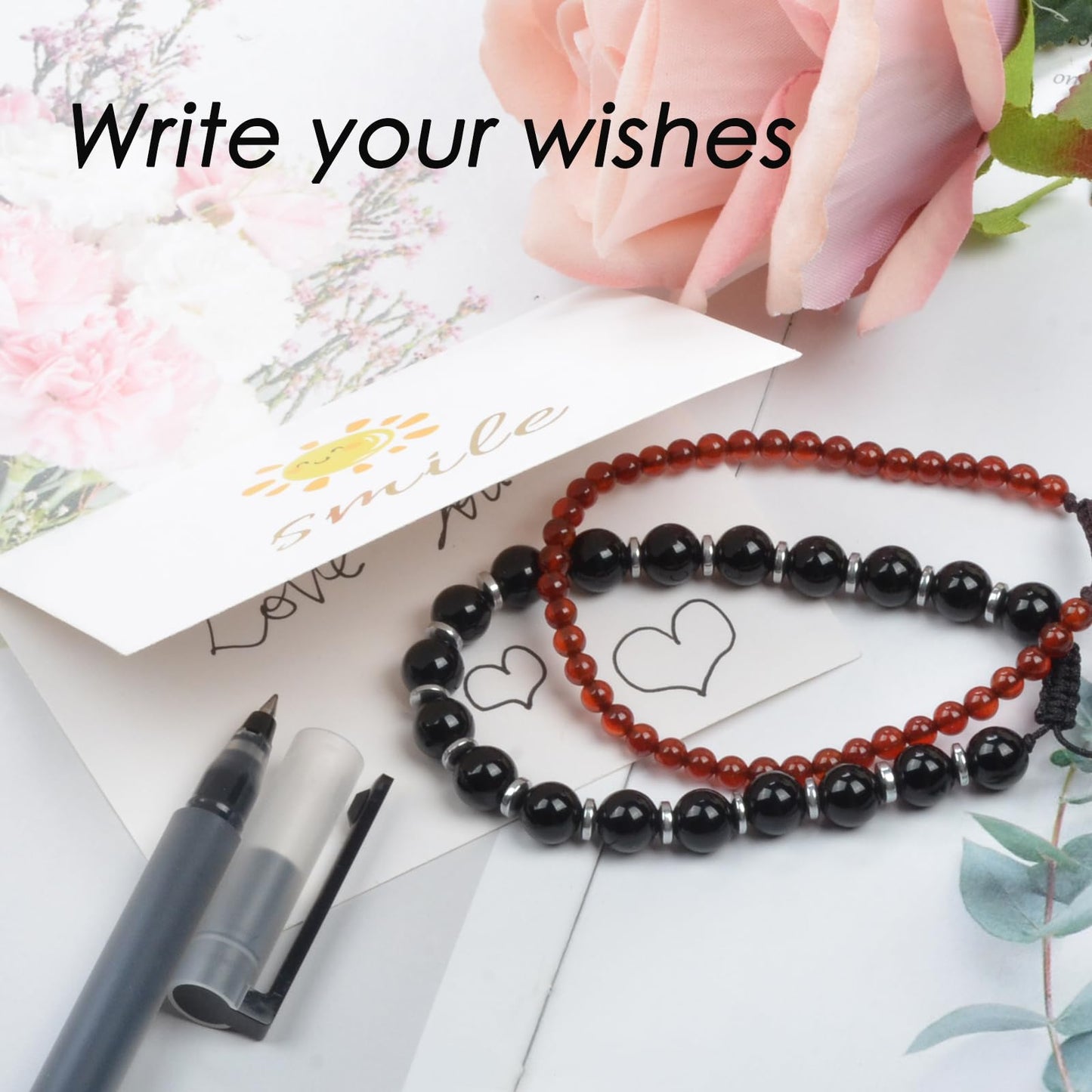 CHCCOYE 4mm Handmade Adjustable Natural Gemstone Crystal Bracelet Healing Power Energy Inspirational Gifts with Card for Unisex (Hematite)