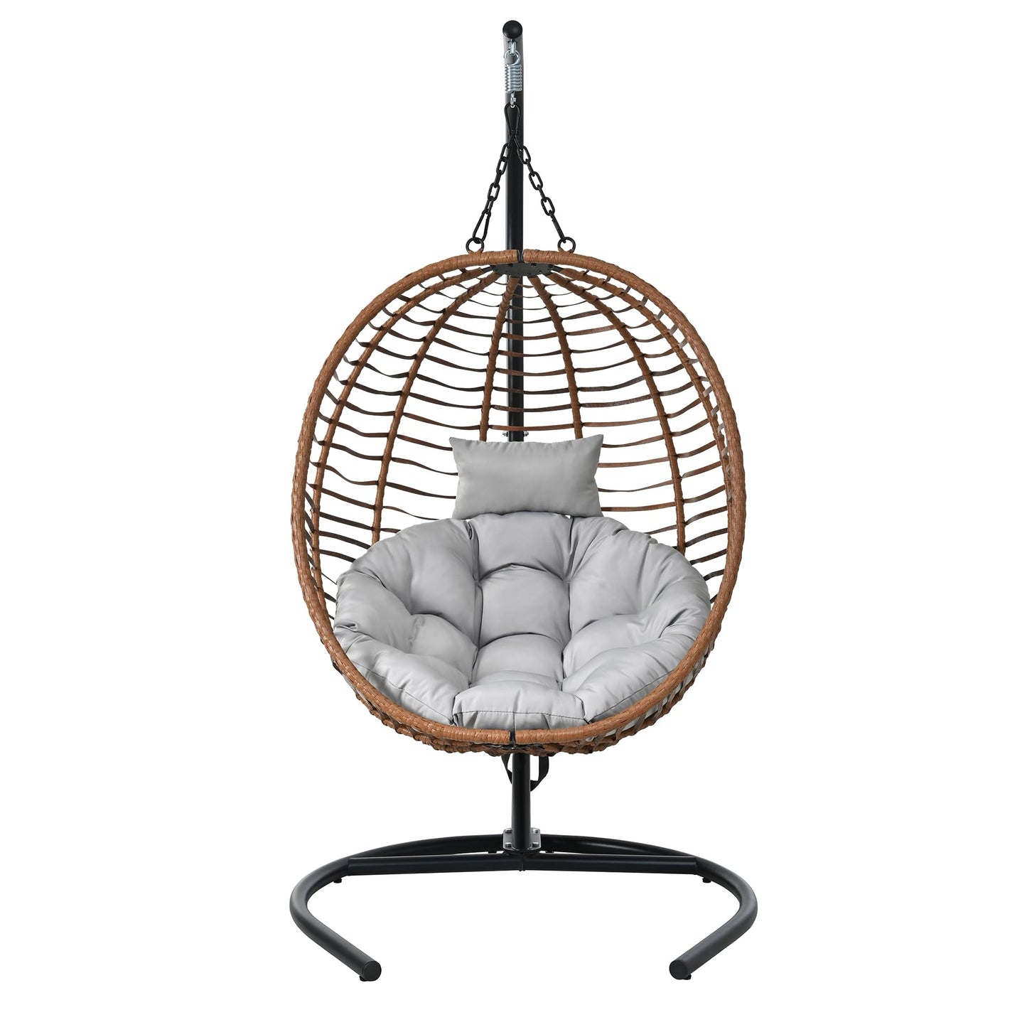 GDFStudio Hammock Chair with Stand, Rattan Wicker Hanging Egg Chair with Cushion & Headrest, Iron Frame Folding Patio Hammock Swing Chair for Indoor Outdoor Balcony Porch Garden, 330 lbs, Brown+Gray