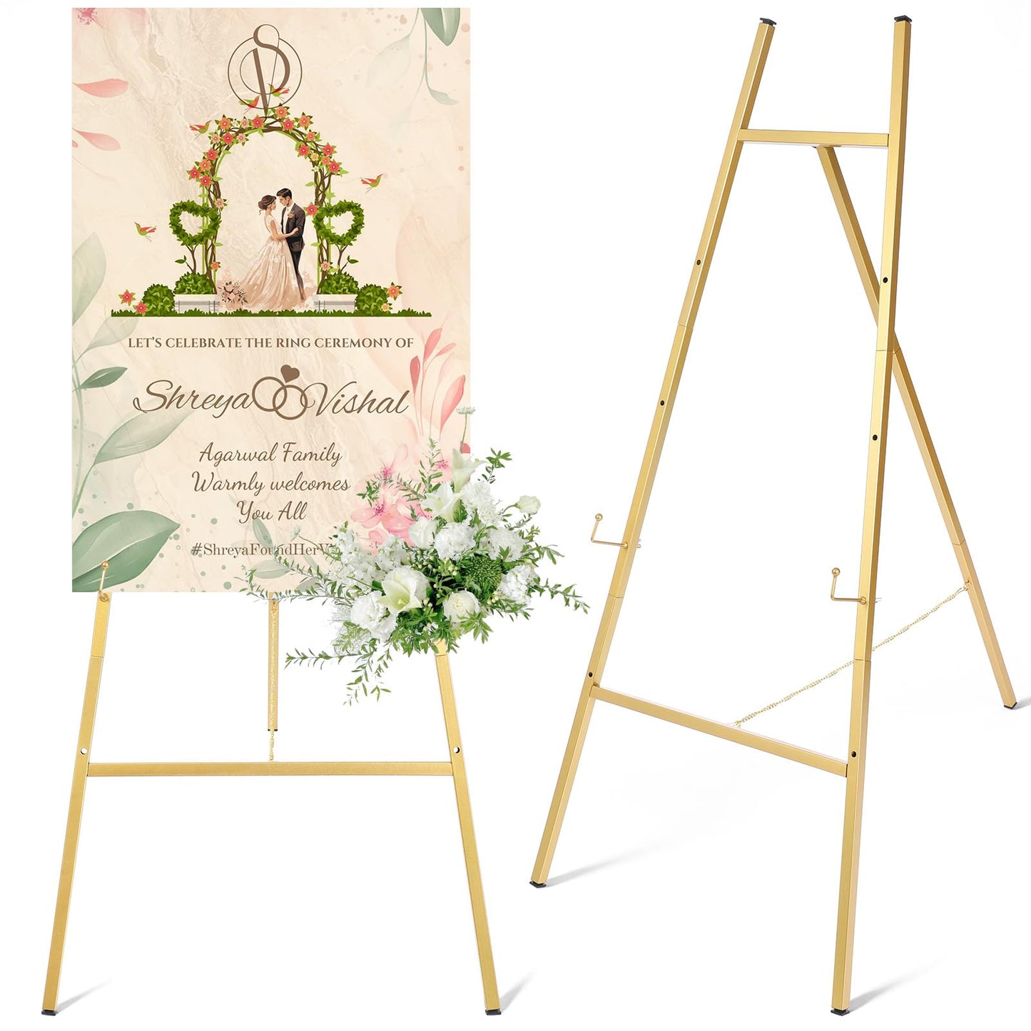 Meyeyaia 43'' Gold Easel Stand for Sign, Metal Heavy Duty Easel Display Stand, 4-Tier Adjustable Art Easels for Wedding Sign, Painting, Floor Décor, Posters, Pictures, Posters, Commercial Display