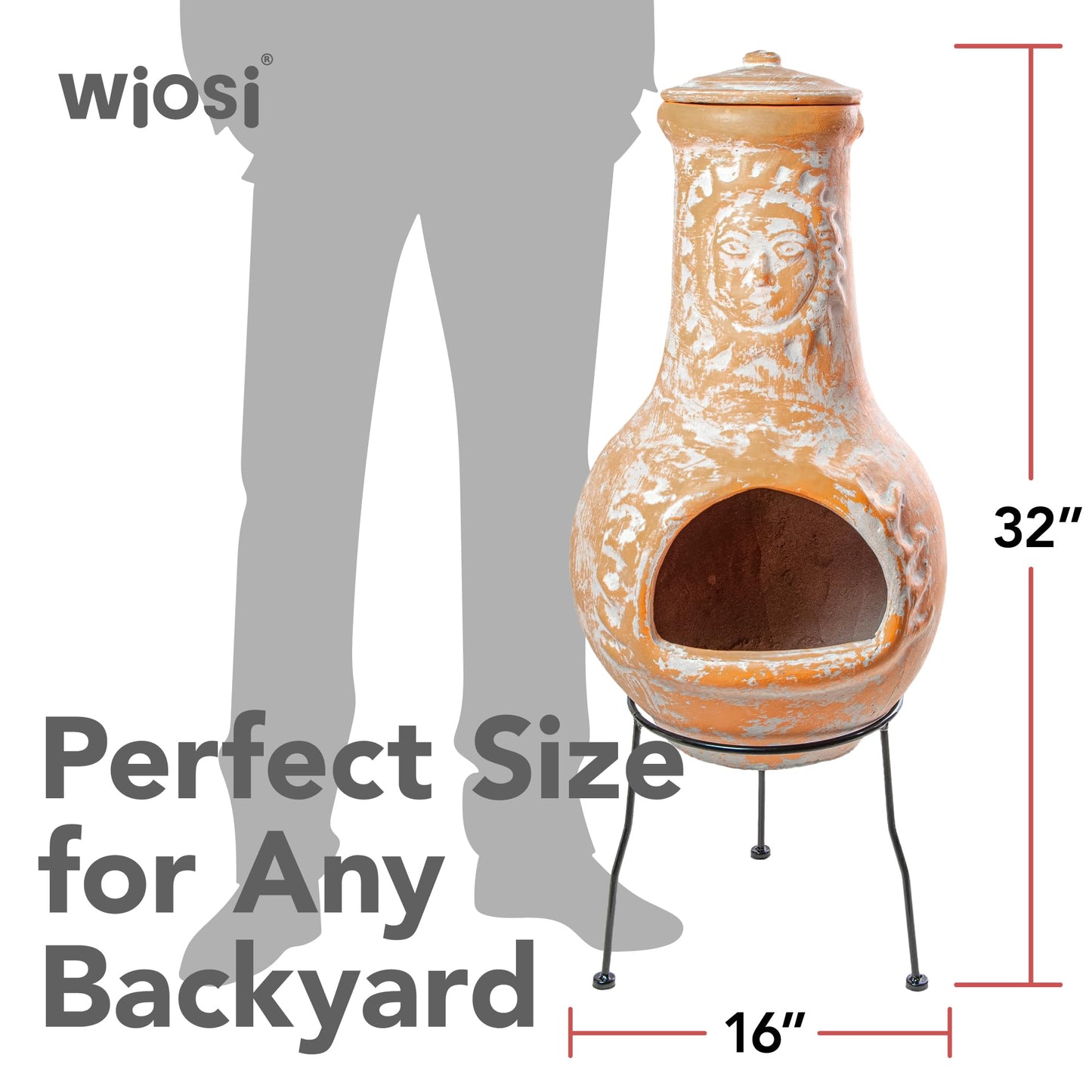Wiosi Medium ๐๐ต๐ถ๐บ๐ถ๐ป๐ฒ๐ฎ Outdoor Fireplace for Patio Clay Chimineas with Chimney Rain Lids and Solid Metal Stands - Yellow Terracotta Chimenea - Rustic Wooden Fire Pit Chimnea 16 x 16 x 32-inch