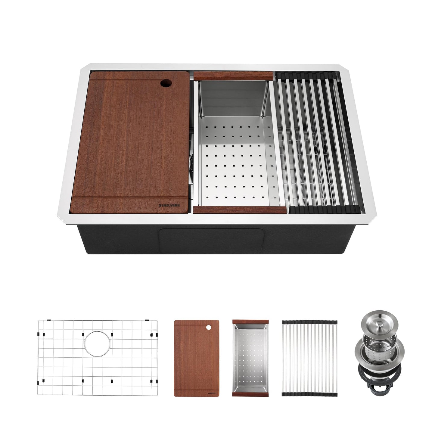 27-inch Undermount Kitchen Sink Workstation, SINKVINE 25x19 Outdoor Sink BBQ, Stainless Steel Single Bowl Basin w/Sapele-Wood Cutting Board, SST Colander w/Wood Handle, and Roll-up Dish Drying Unit