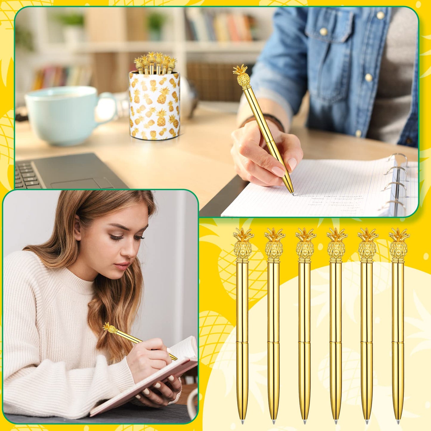 BBTO Pineapple Pen Holder with 6 Pcs Pineapple Shaped Pens Gifts Ballpoint Black 0.5mm Gel Ink Pen for Pencil Cups for Women Girls Desk Organizer Makeup Brush Holder Classroom Offices Home(Gold)