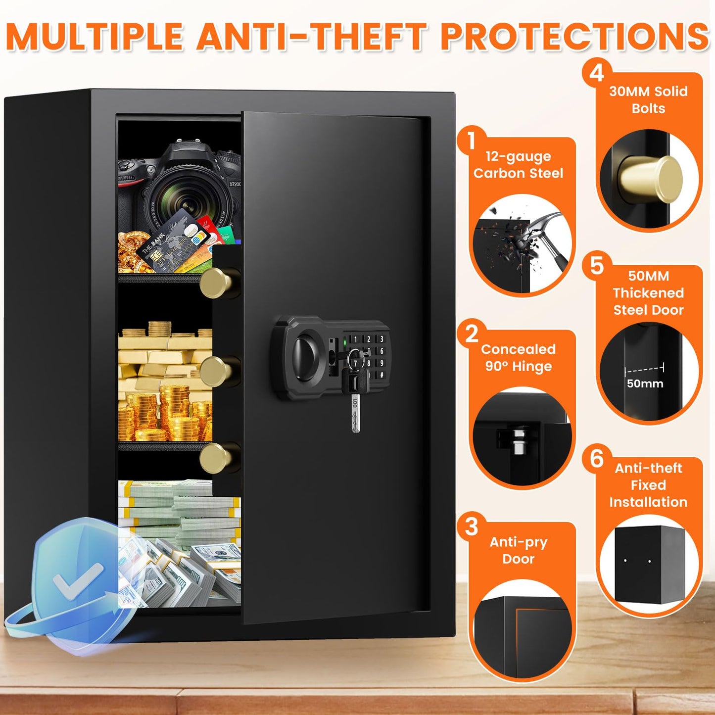21.65"H Large Safe Box for Home, 5.0 cu ft Anti-Theft Safe with A4 Fireproof Bag, Steel Security Safe with Keypad Lock, Backup Keys, External Power Supply Box, Document Safe for Cash Medicine Document