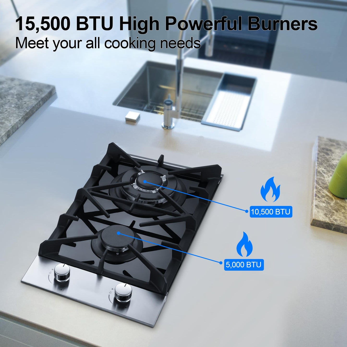Eascookchef 2 Burner Gas Cooktop, 12 inch LPG/NG Dual Fuel Built-in Gas Stove Top, Black Tempered Glass Stove, Propane Cooktop for Apartment, Outdoor, RV, With Thermocouple Protection