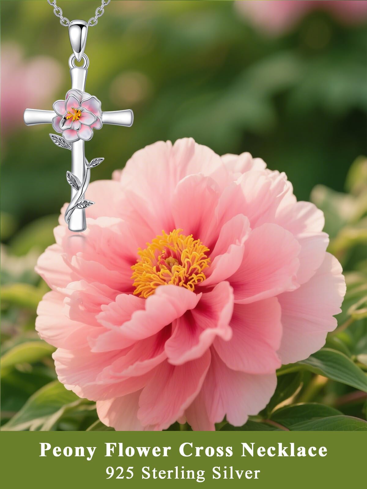 Cargari Peony Cross Necklace for Women 925 Sterling Silver Peony Flower Pendant Necklace Floral Jewelry Gift for Women