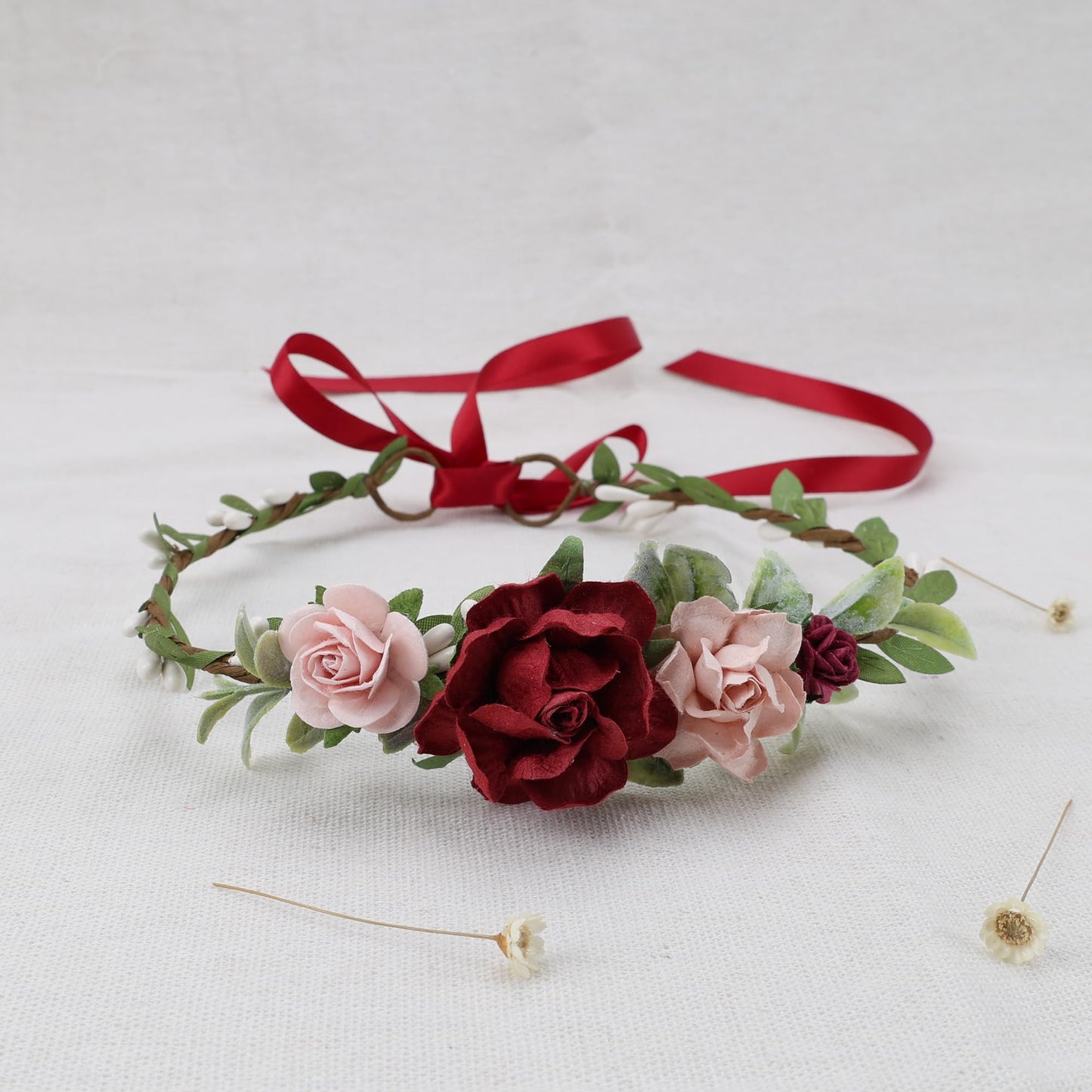 PoshMyra Flower Crown for Girls Floral Headpieces Kids Headband Wedding Halo Hair Pieces Children Hair Wreath Photo Prop (Burgundy-Child Size)