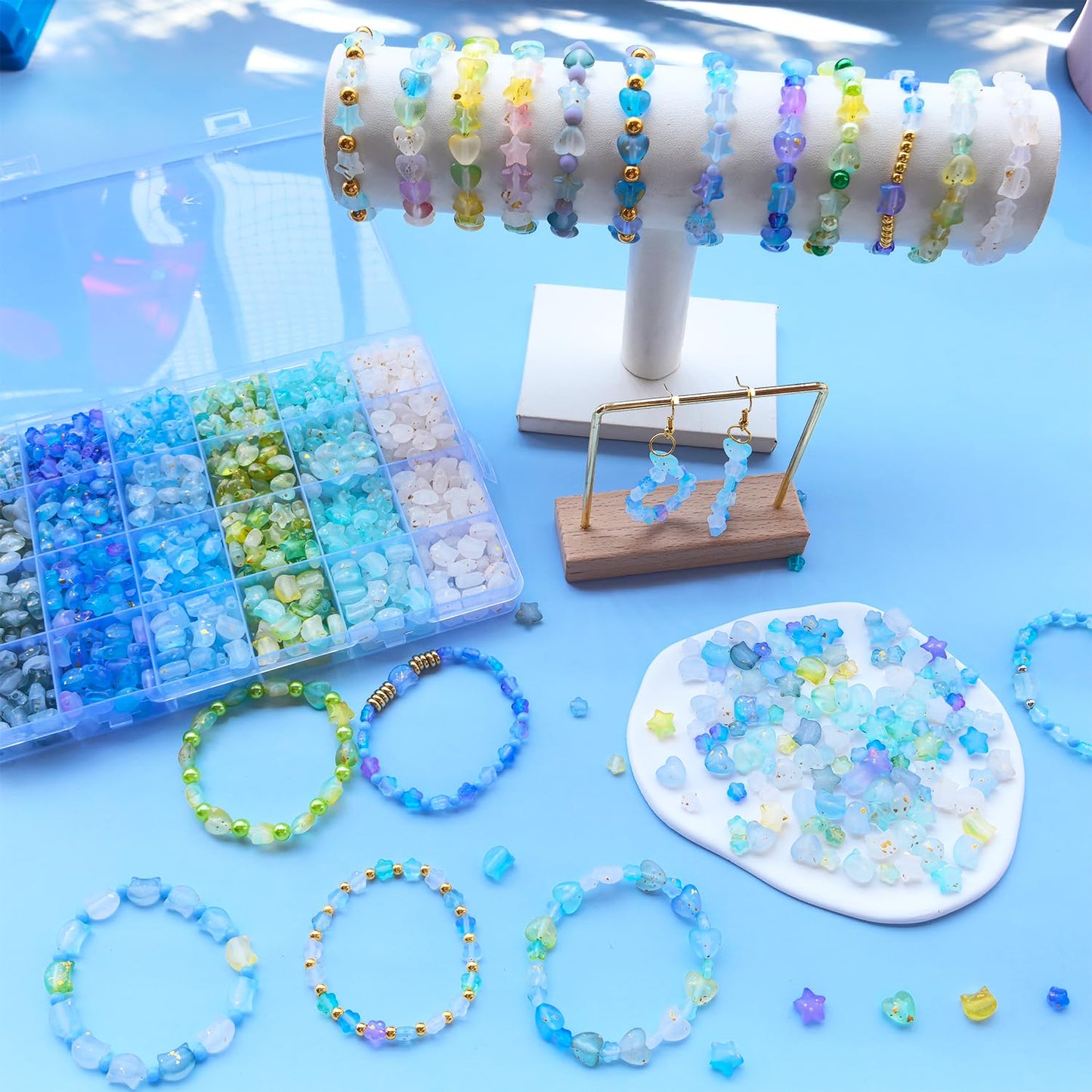 1300Pcs Green Blue Assorted Acrylic Beads for Bracelet Jewelry Making, Frosted Star Heart Flower Cute Cat Head Shape Beads Matte Pastel Beads Cute Aesthetic Kawaii Bead for DIY Necklace Keychain