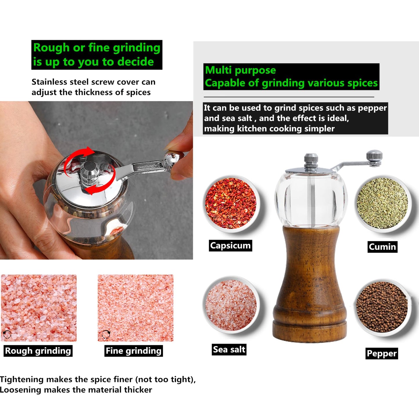 VEIZIBEE Pepper Grinder, Classical Roast Black Manual Pepper Grinder Set, Hand Shake Sea Salt Mill, Retro Style Wood, Acrylic,Ceramic Blades, Enjoy Fresh Pepper Spices (Walnut color 2pcs-6in)