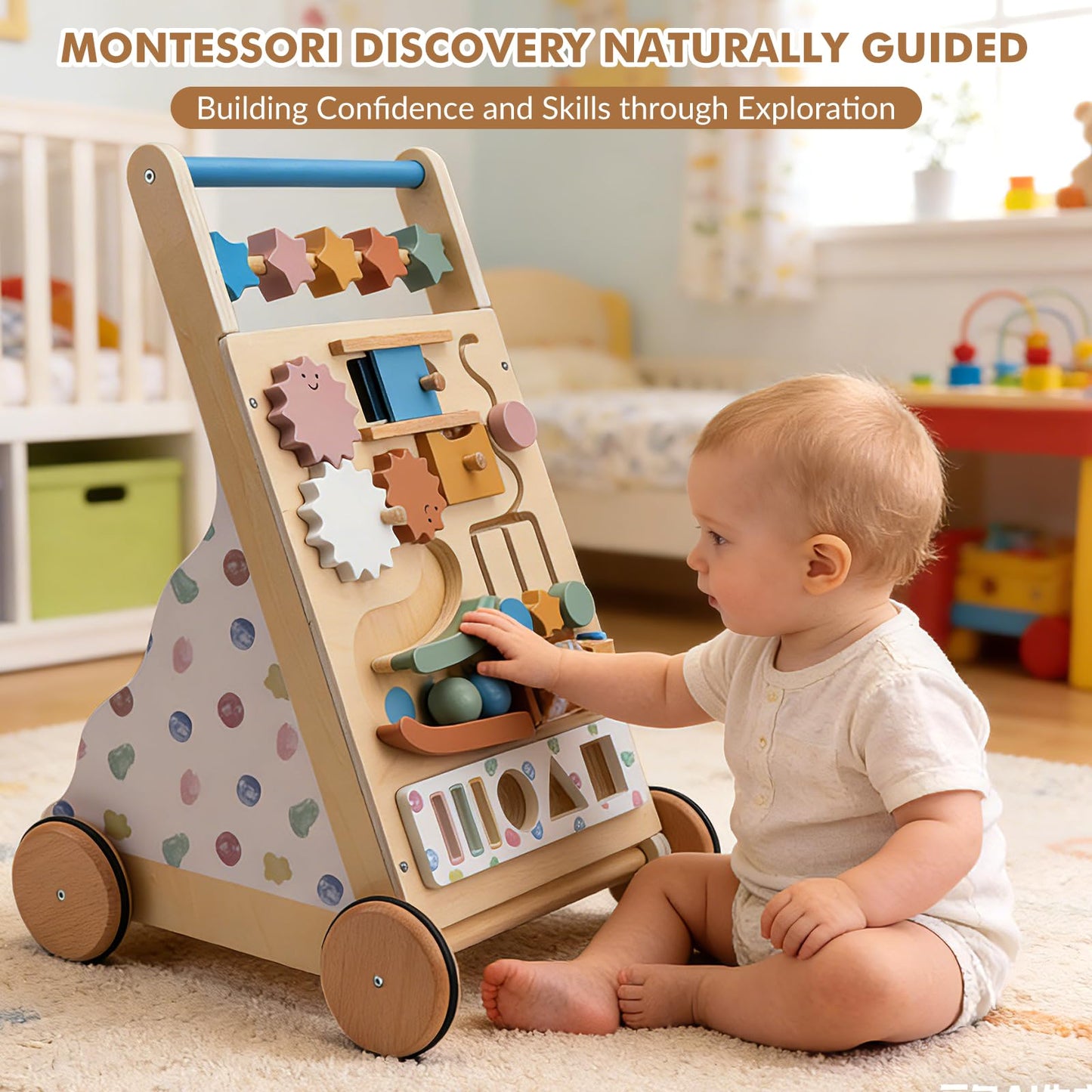 Montessori Safe Wooden Baby Walker, Adjustable Speed Baby Push Walker for Girls and Boys, Morandi Activity Center Toy for Kids' Development, Ideal Gift for Toddlers