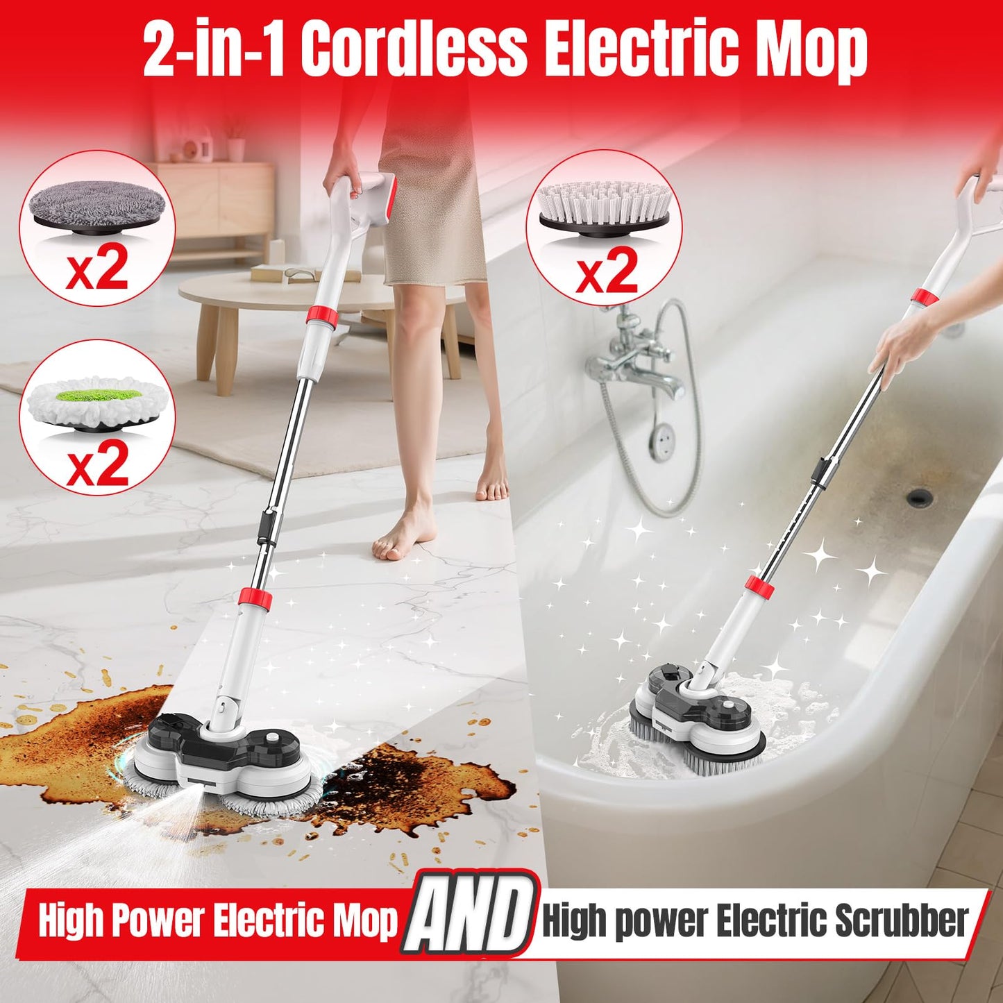 Cordless Electric Mop for Milwaukee M18 Battery (NO Battery), 2 In 1 Spin Mop & Floor Scrubber Machine with LED Light & Water Spray, 800 RPM Electric Mops for Floor Cleaning, Hardwood,Tile,Toilet,Tub