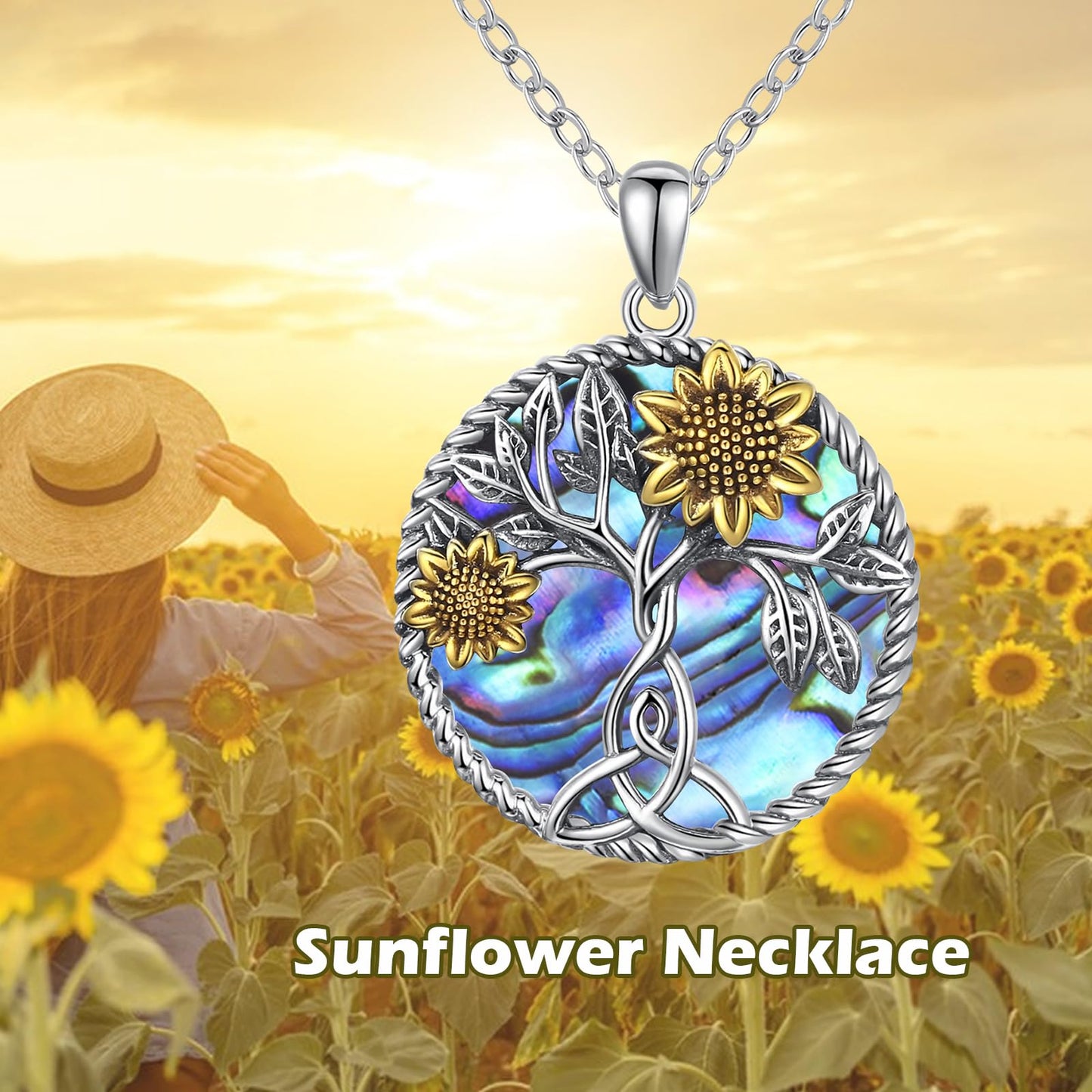 CHENGHONG Sunflower Abalone Necklace 925 Sterling Silver Tree of Life Pendant Necklace You are My Sunshine Sunflower Jewelry Gifts for Women