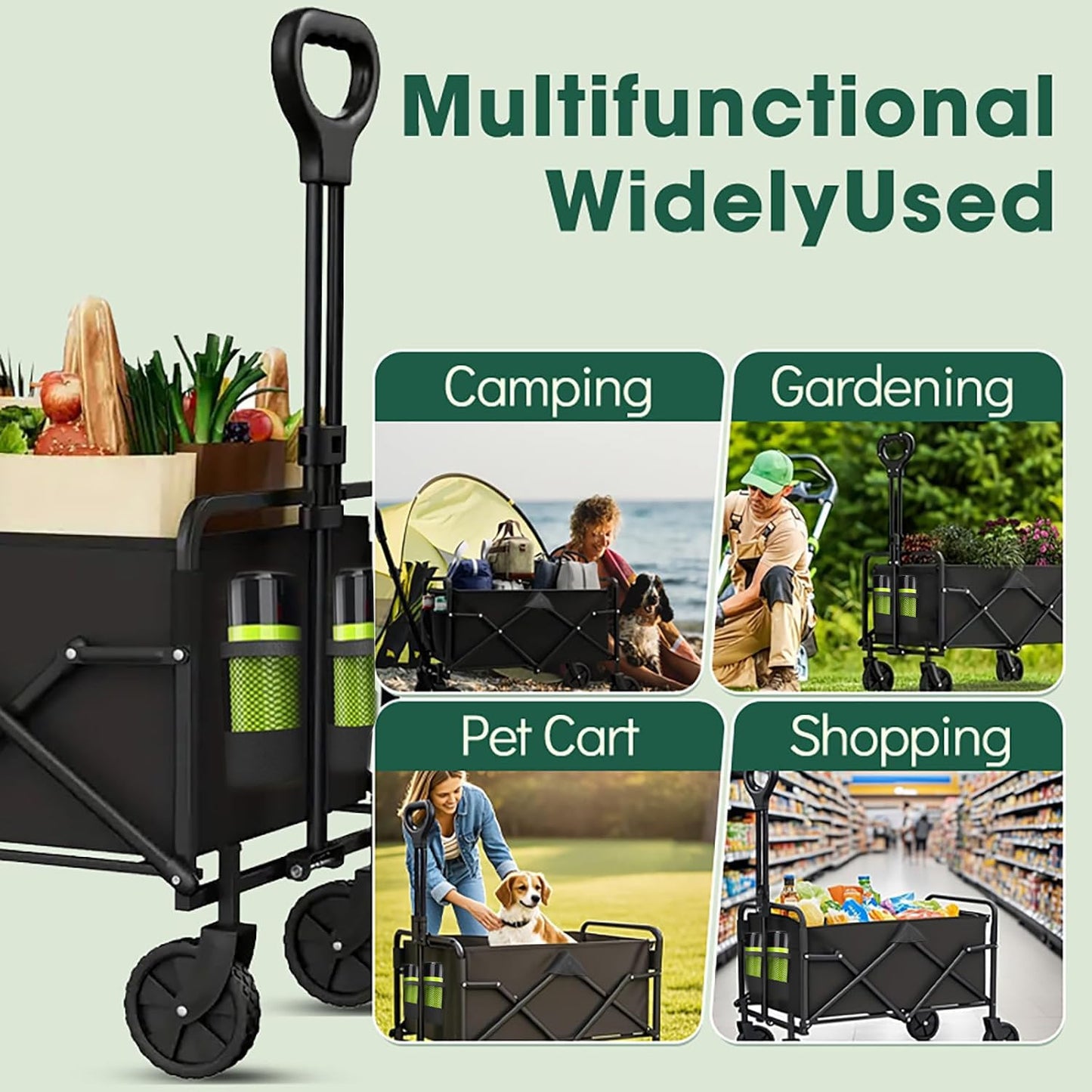 Ecogou Collapsible Wagon with Wheels, 370lbs Weight Capacity Foldable Beach Wagon with Flexible Handle Portable Utility Wagon Cart for Outdoor, Grocery, Garden, Camping