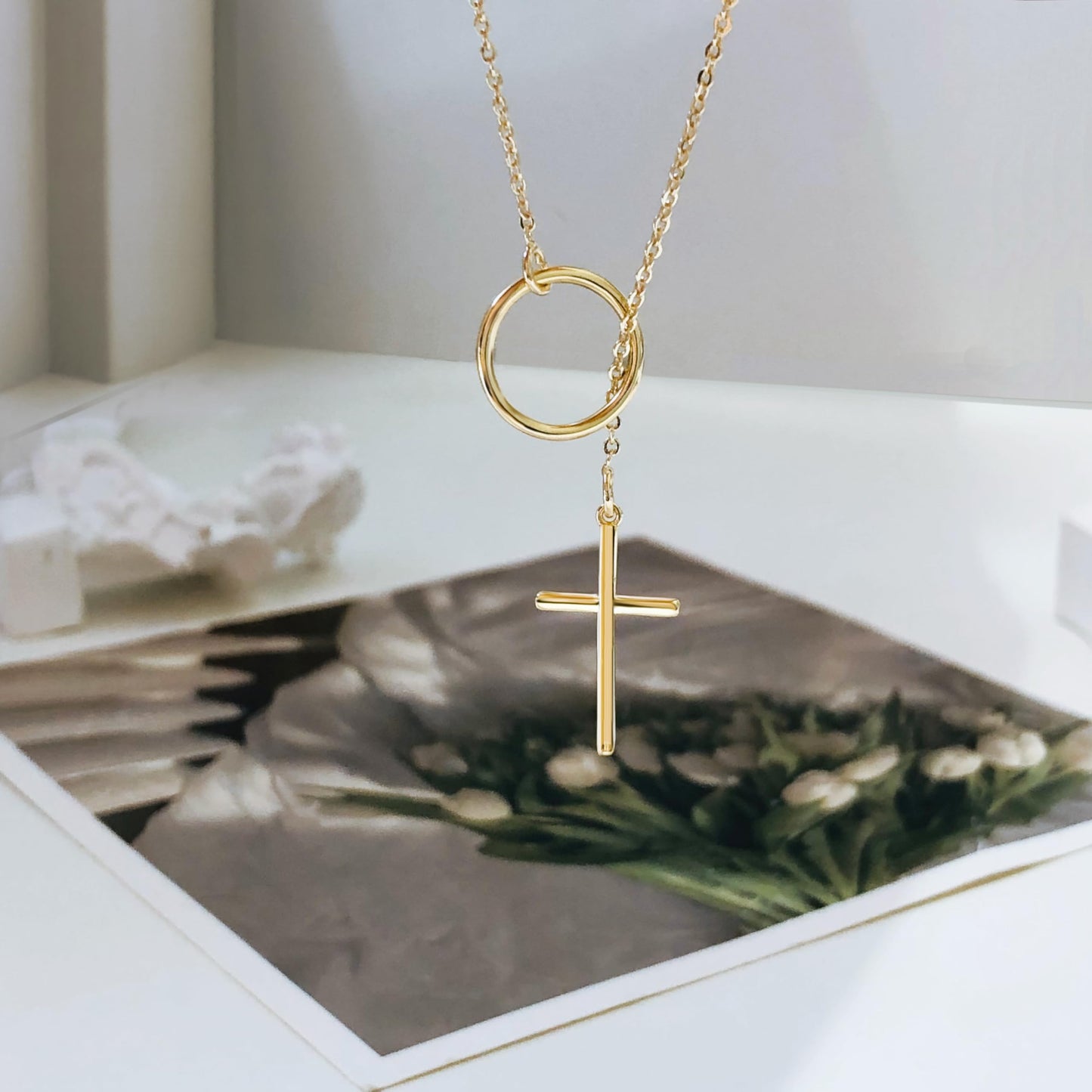 HERIER Cross Necklace for Women Dainty Gold Lariat Necklace 14k Gold Plated Simple Choker Necklaces for Women Trendy Gold Necklaces Jewelry Gifts