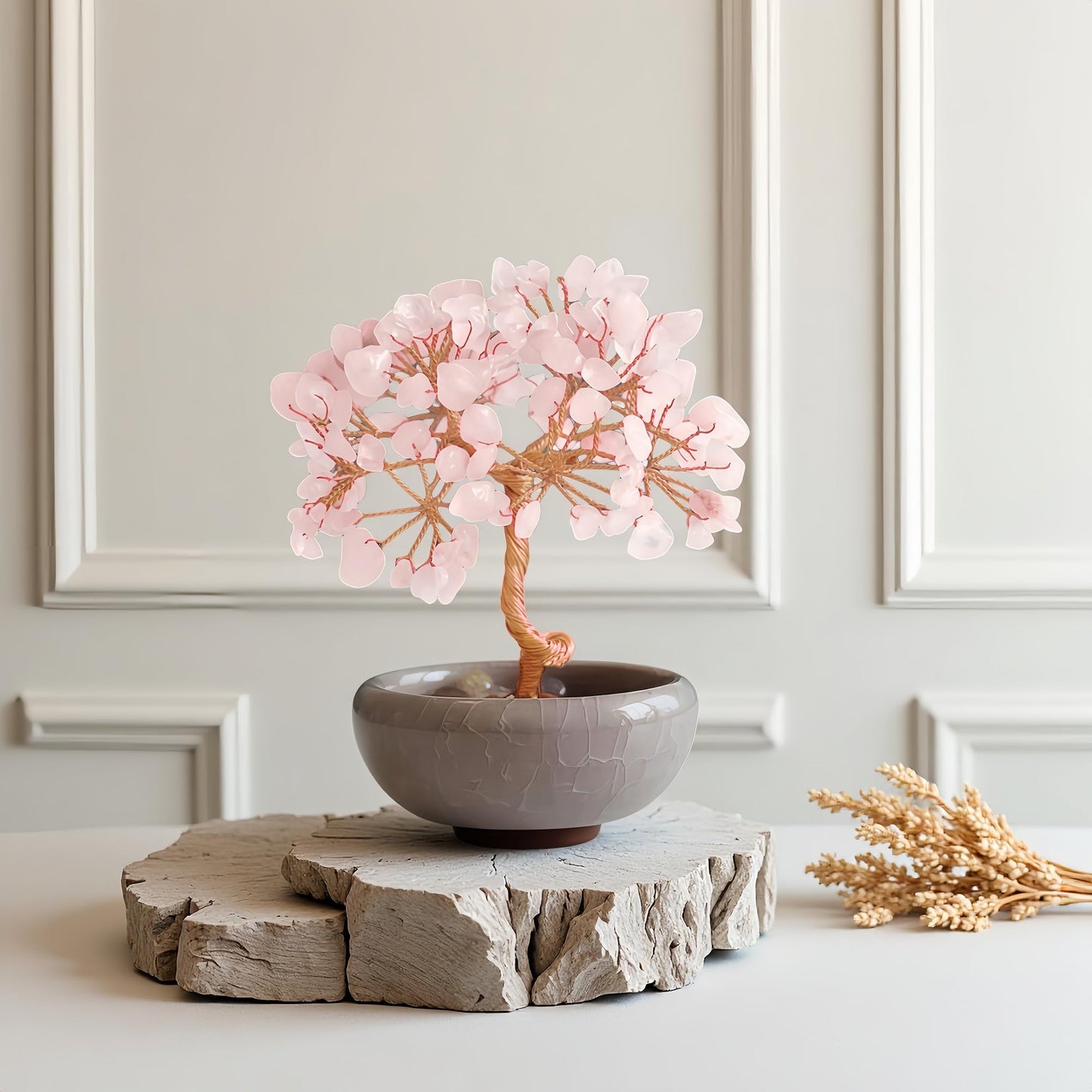 Rose Quartz Tree of Life Crystal Decor, Healing Gem Tree for Home Office Crystal Tree with Rose Quartz Base Pink Gemstone Tree of Life Decor