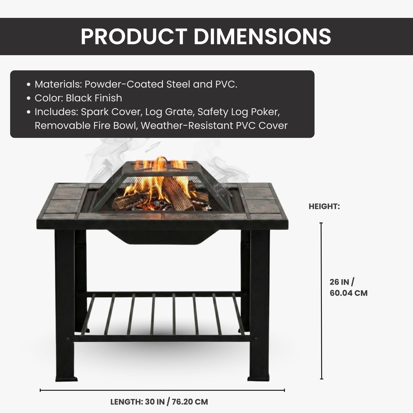 Fire Pit - 30-Inch Outdoor Firepit Table with Screen, Cover, and Poker - Outdoor Fire Pits for Backyard, Deck, Patio, or Porch by Pure Garden (Black)