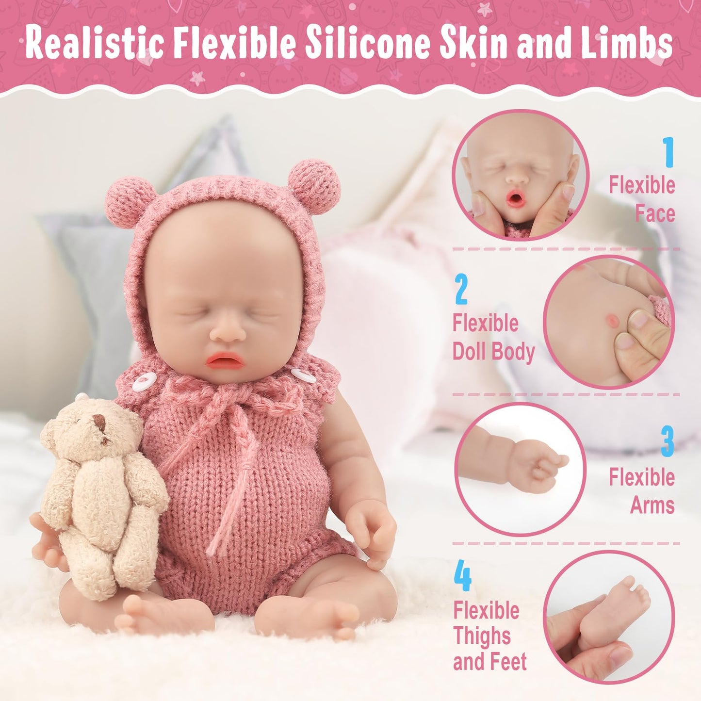 Vollence 8 inch Mini Silicone Baby Dolls Cute Realistic Newborn Preemie Miniature Babies for Kid Birthday Gifts - Girl
