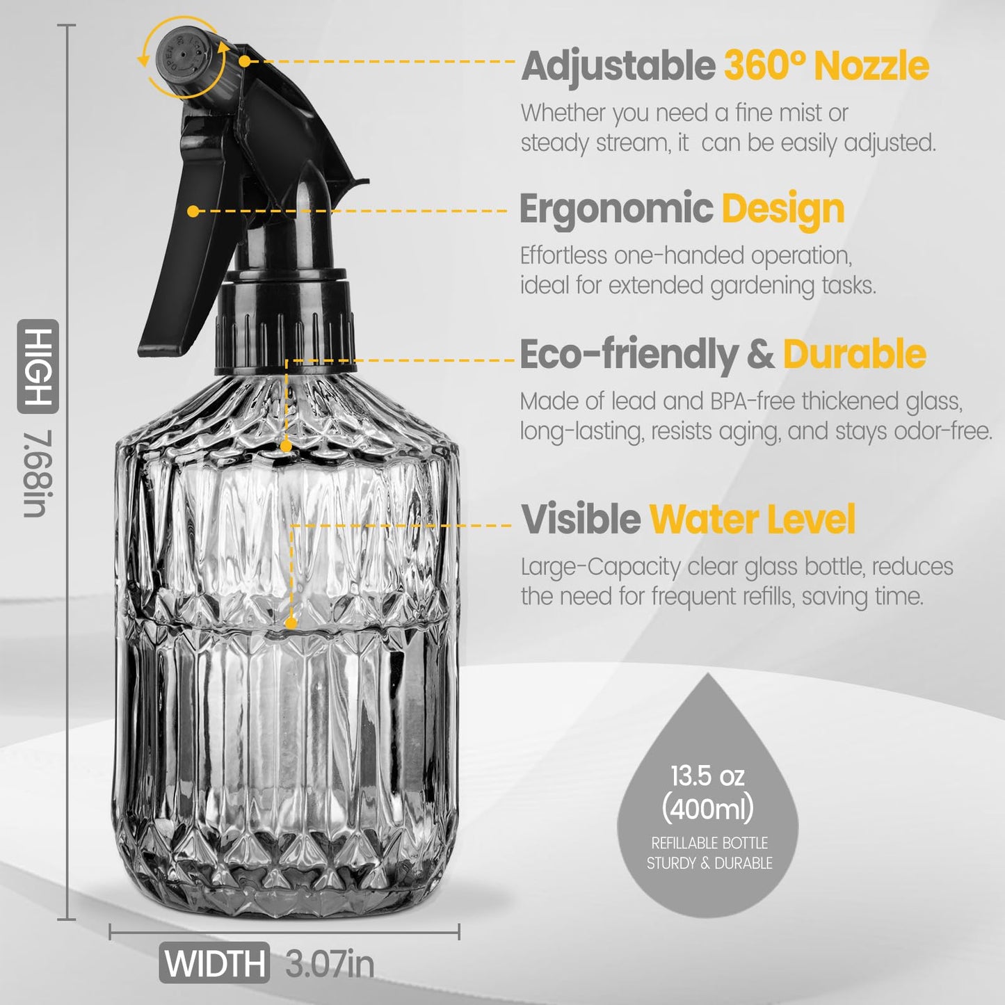 Sincengel Plant Mister Spray Bottle, 13.5 oz Leak Proof Glass Spray Bottle for Inside Plants, Succulents, Herbs, Cleaning, Hair Care, Refillable Fine Mist Sprayer with Adjustable Mist Nozzle (Grey)