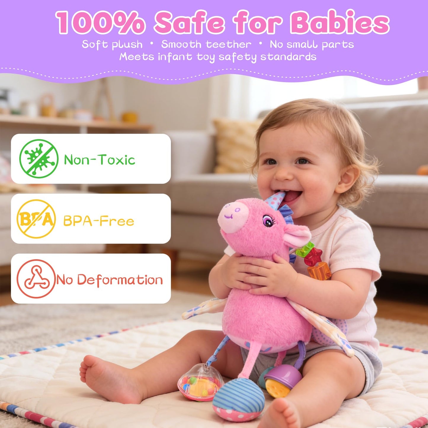 MPQMPQ Car Seat & Stroller Toy for Girl - Musical Sensory Plush with Rattle & Mirror Baby Toys 0-12 Months Hanging Travel Carseat Toys Soft Squeaky Stuffed Animal Unicorn for Babies Gifts