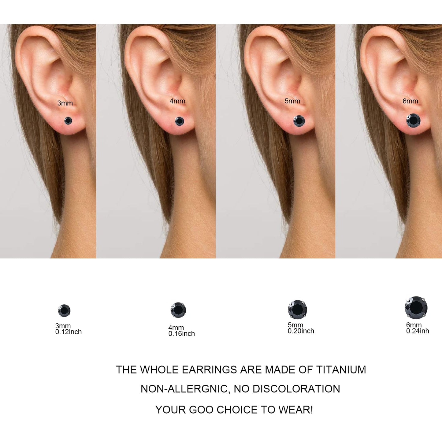 1 Pair Implant Grade Titanium Stud Earrings Set Hypoallergenic 3mm 4mm 5mm 6mm Cubic Zirconia G23 Titanium Earring Studs for Women Men for Sensitive Ear (5mm black)
