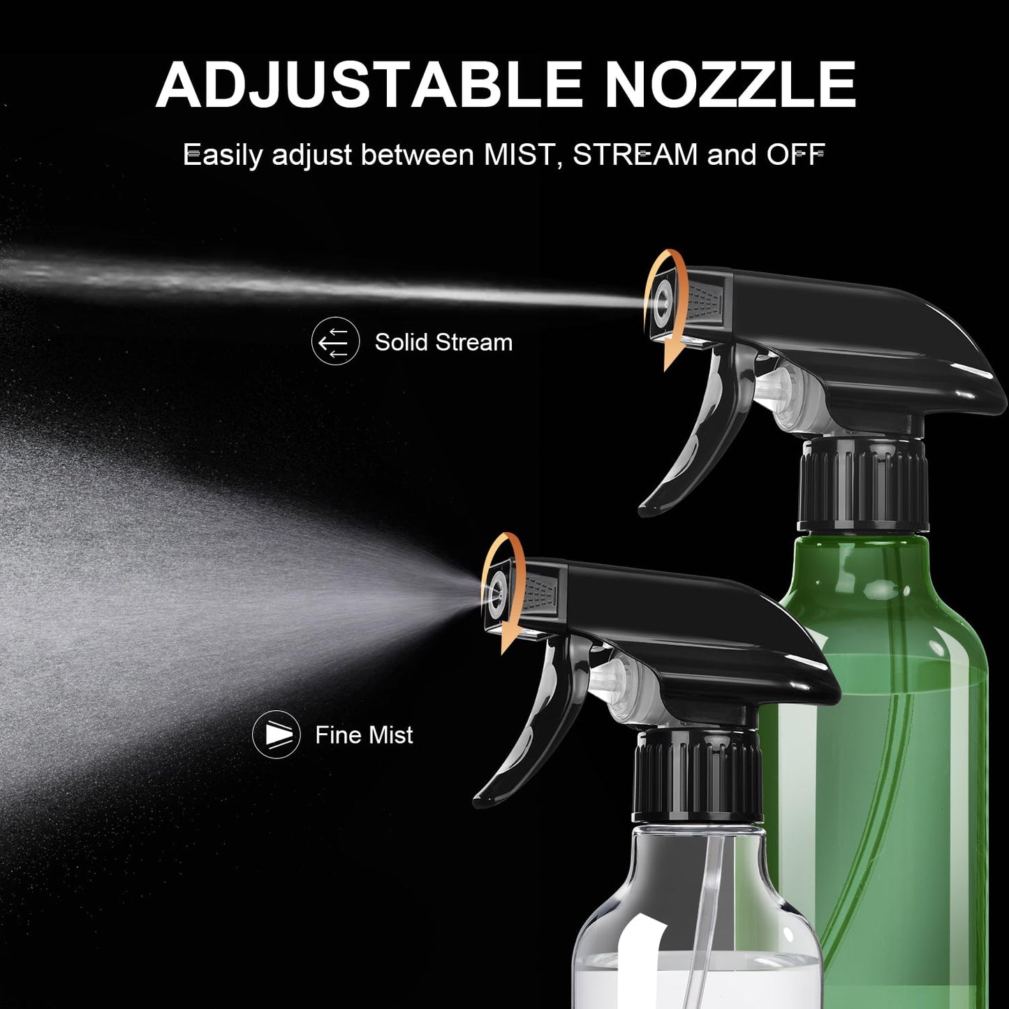 Spray Bottles 2-Pack, 10 Oz, Mist & Stream, Heavy Duty Spraying Empty Water Sprayer Bottle, BPA Free Plastic Refillable Containers for Cleaning Solutions, Plants, Hair, Essential Oils, Clear & Green