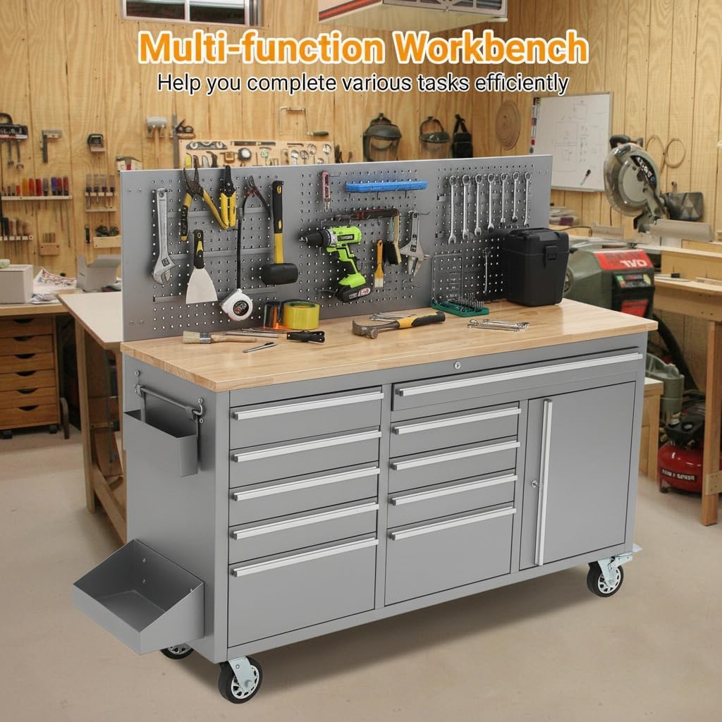61 Inch Rolling Tool Chest, 10 Drawer Garage Tool Cabinet with Solid Rubber Wood Top, Heavy Duty Mobile Workbench with Power Strip, Lockable Steel Storage Organizer for Workshop and Home, Silver