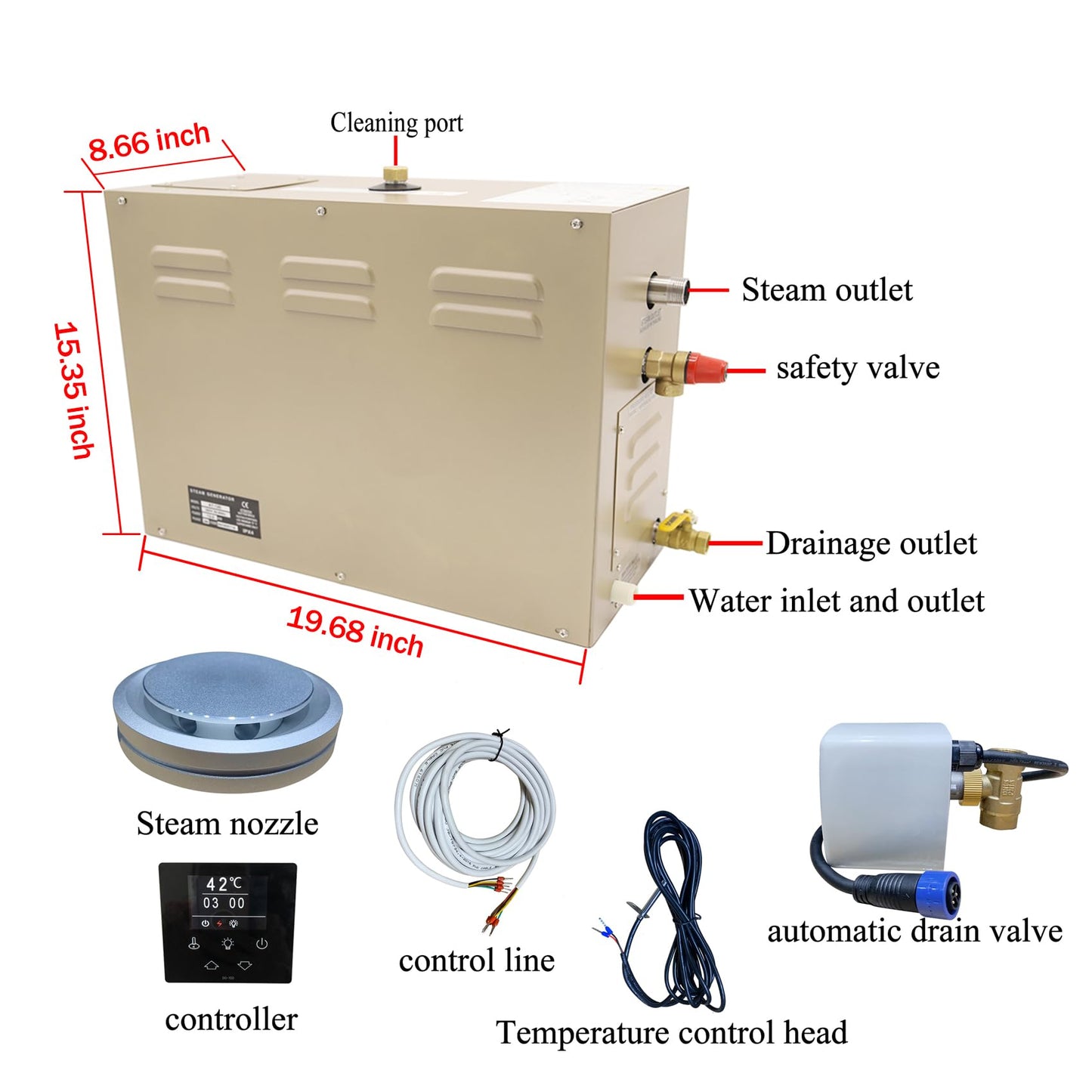 JJFFTAO,Steam shower generator,18kw Household-Commercial,Steam shower generator kit,with self-draining system,Temperature adjustable 95-131°F,Applicable space 560~735ft3