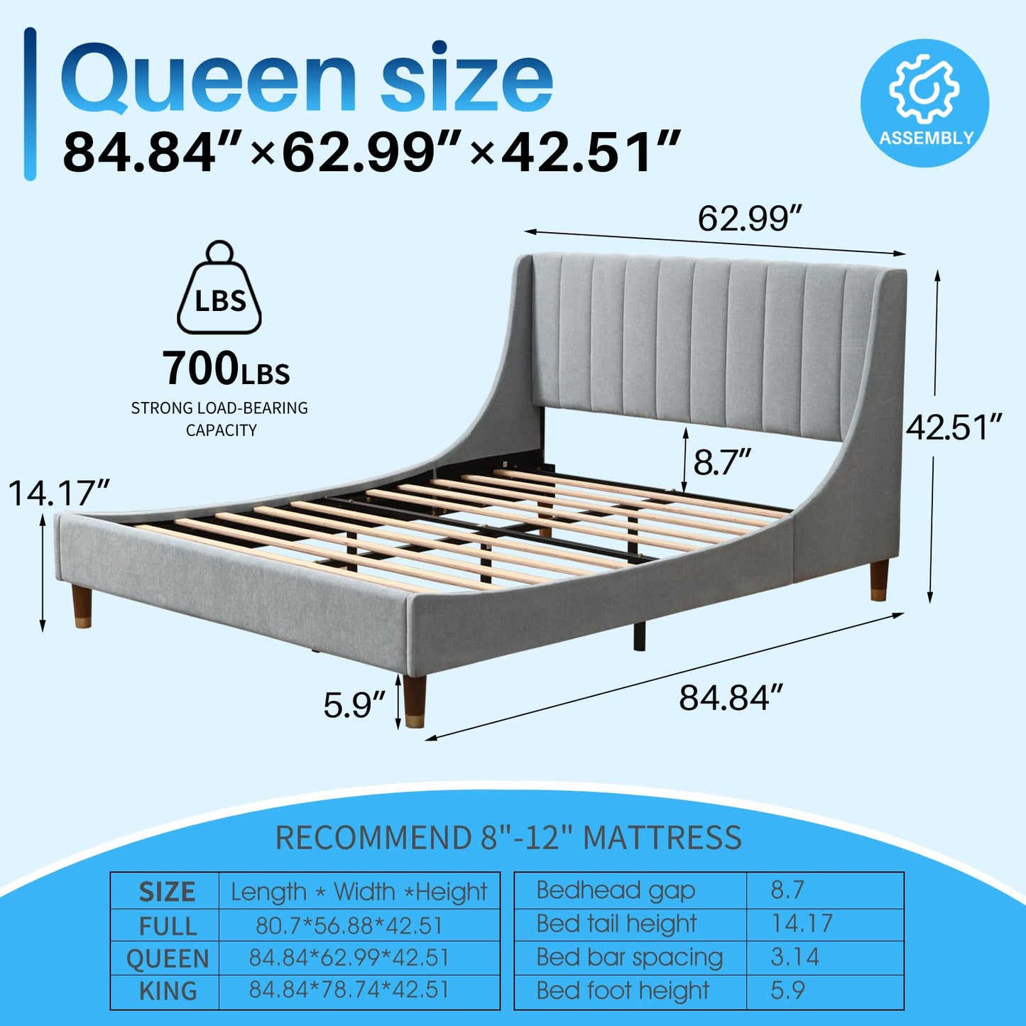 YUHUASHI Queen Size Bed Frame with Linen Fabric Twin Wingback Headboard, Upholstered Platform Bed with Wooden Slat Support, Noiseless, No Box Spring Required (Light Blue, Queen)