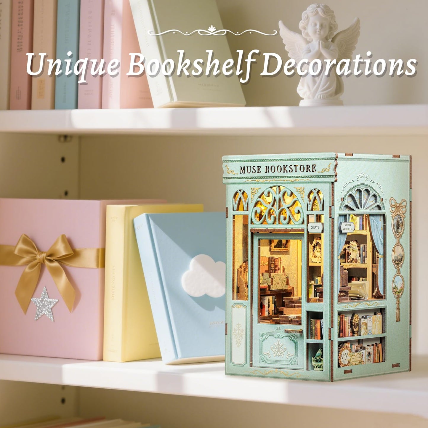 Fsolis Book Nook Kit - DIY Miniature House Kit Bookshelf 3D Wooden Puzzles for Adults Beginners Tiny House Mini Booknook Bookshop Gifts for Women Book Lovers (Muse Bookstore)