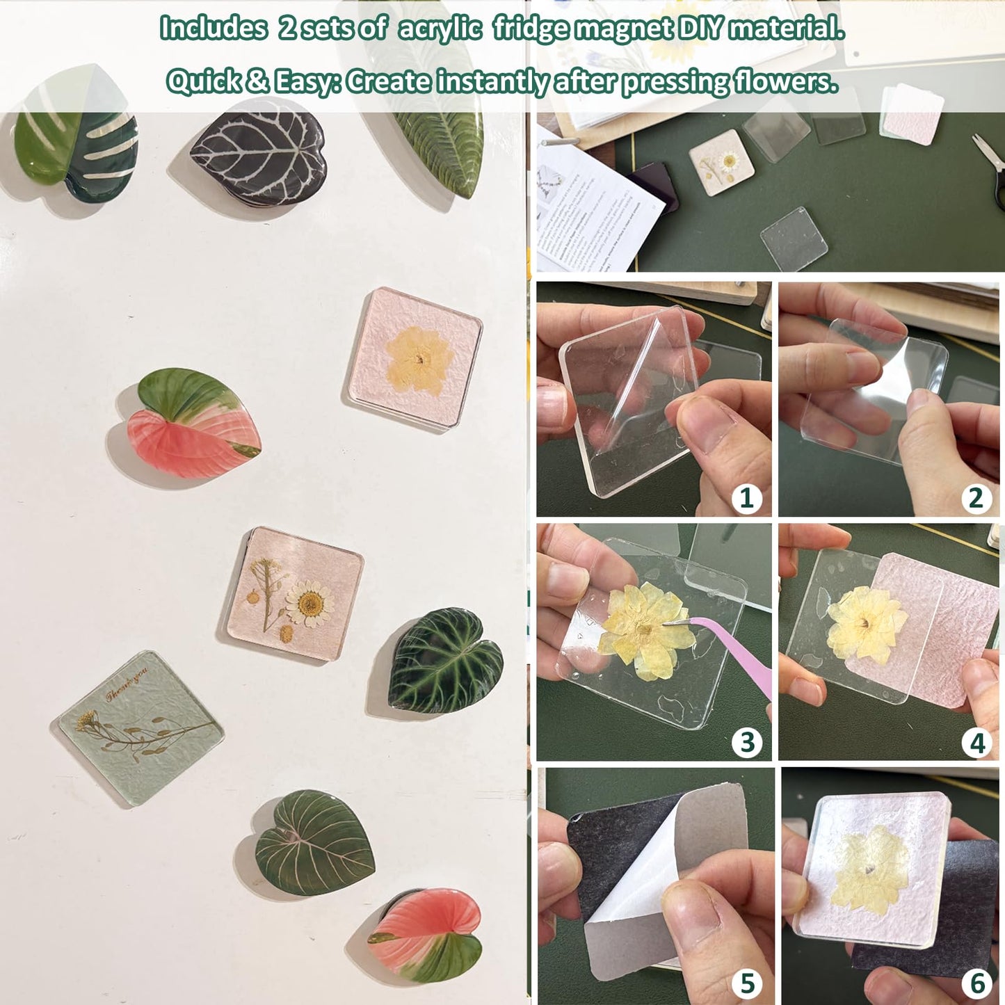 KAXYEW Mini Flower Press Kit, 3.9"x3.9" Wooden Flowers Pressing Boards DIY Pressed Flowers Art - Fridge Magnet Bookmark Art Craftst Presservation Gifts for Flower Plant Lovers