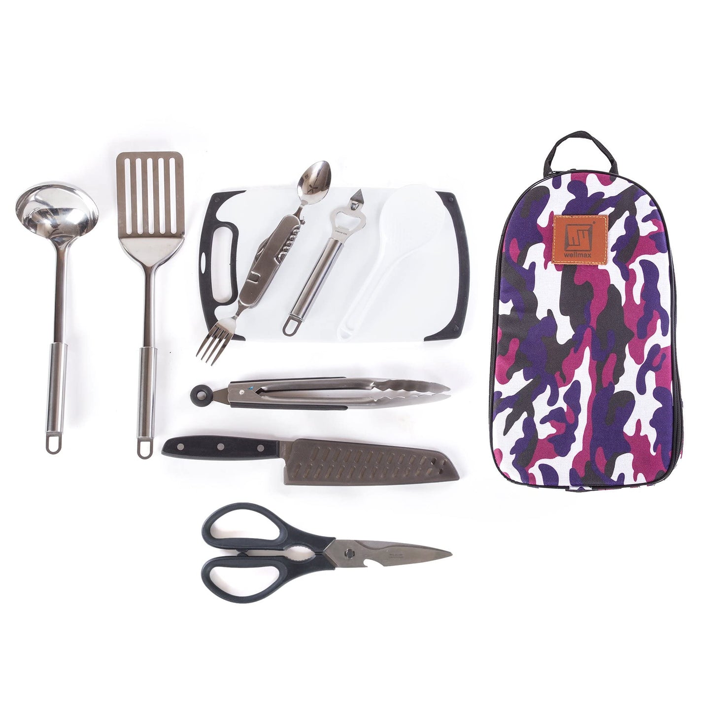 Wellmax 10-Piece Stainless Steel Camping Cooking Set – Compact All-in-One Cookware Kit with Utensils & Travel Bag for Campers, Hikers, Outdoor Adventures, Purple Camo Color
