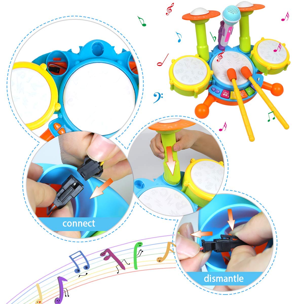 POKONBOY Kids Drum Set for Toddler 1-3, Musical Instruments Learning Toys with 2 Drum Sticks Adjustable Microphone Birthday Gifts for Boys Girls 6 12 18 Month